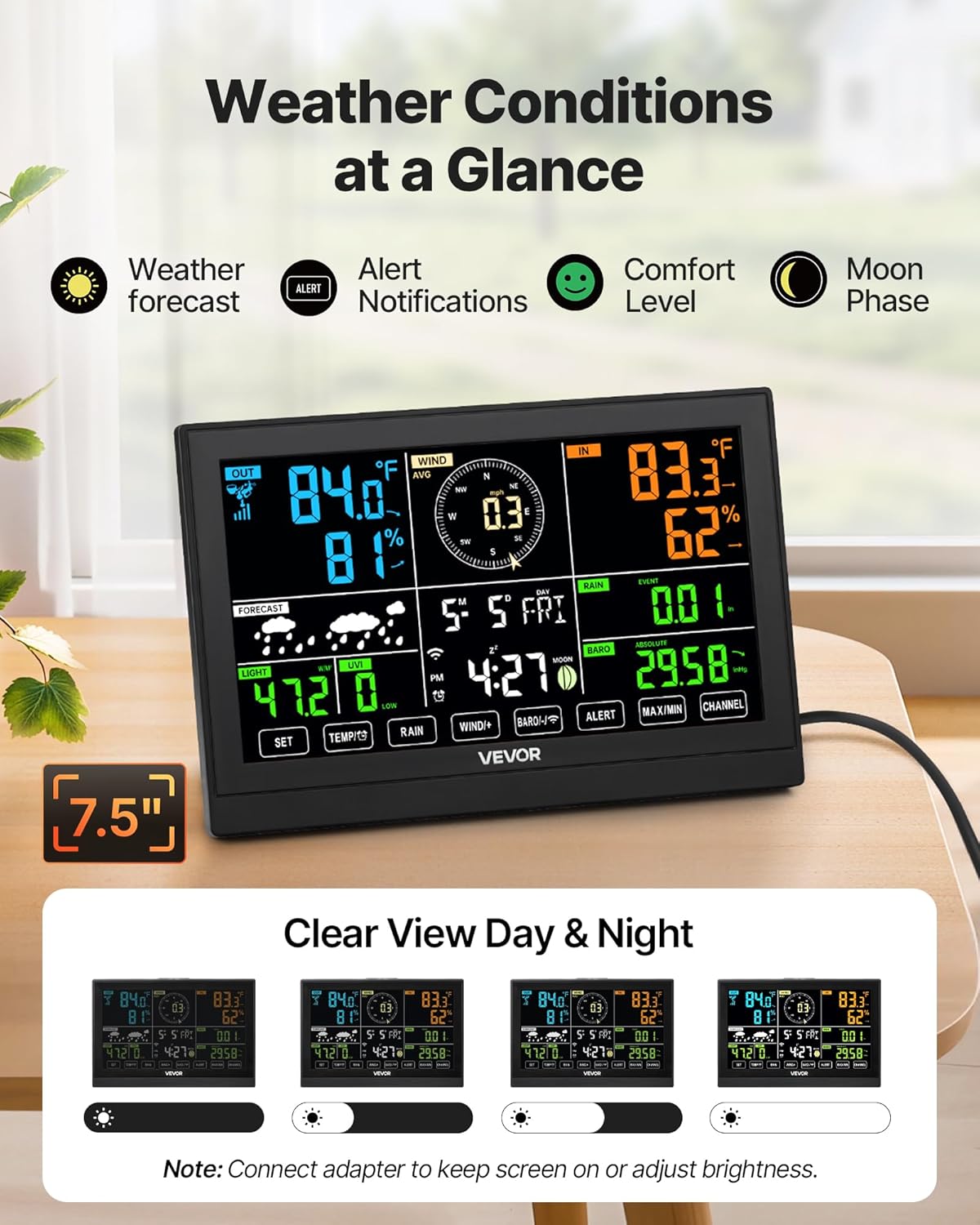 VEVOR 7-in-1 Wi-Fi Weather Station, 7.5-Inch VA Display, Solar Powered Wireless Outdoor Sensor, Home Weather Station Indoor Outdoor, for Temperature, Humidity, Wind Speed/Direction, Rainfall, No APP