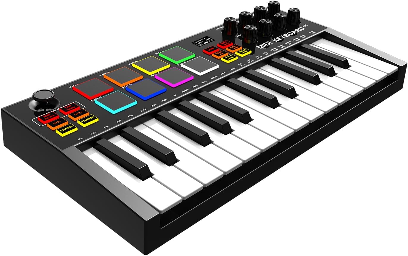 MIDI Keyboard Controller, 25 Key Rechargeable MIDI Keyboard with 8 Backlit Drum Pads, 8 Knobs, OLED Display, DAW Integration, MIDI Controller for Music Production