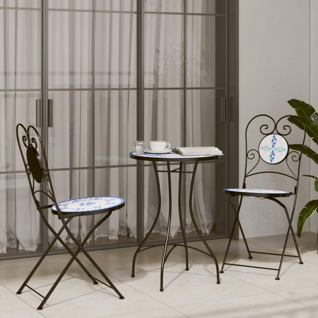 Mosaic Bistro Set Blue and White Iron and Ceramic,Mosaic Bistro Set with Ceramic Top for Garden, Balcony, and Backyard Gatherings Patio Furniture, Outdoor Furniture Sets