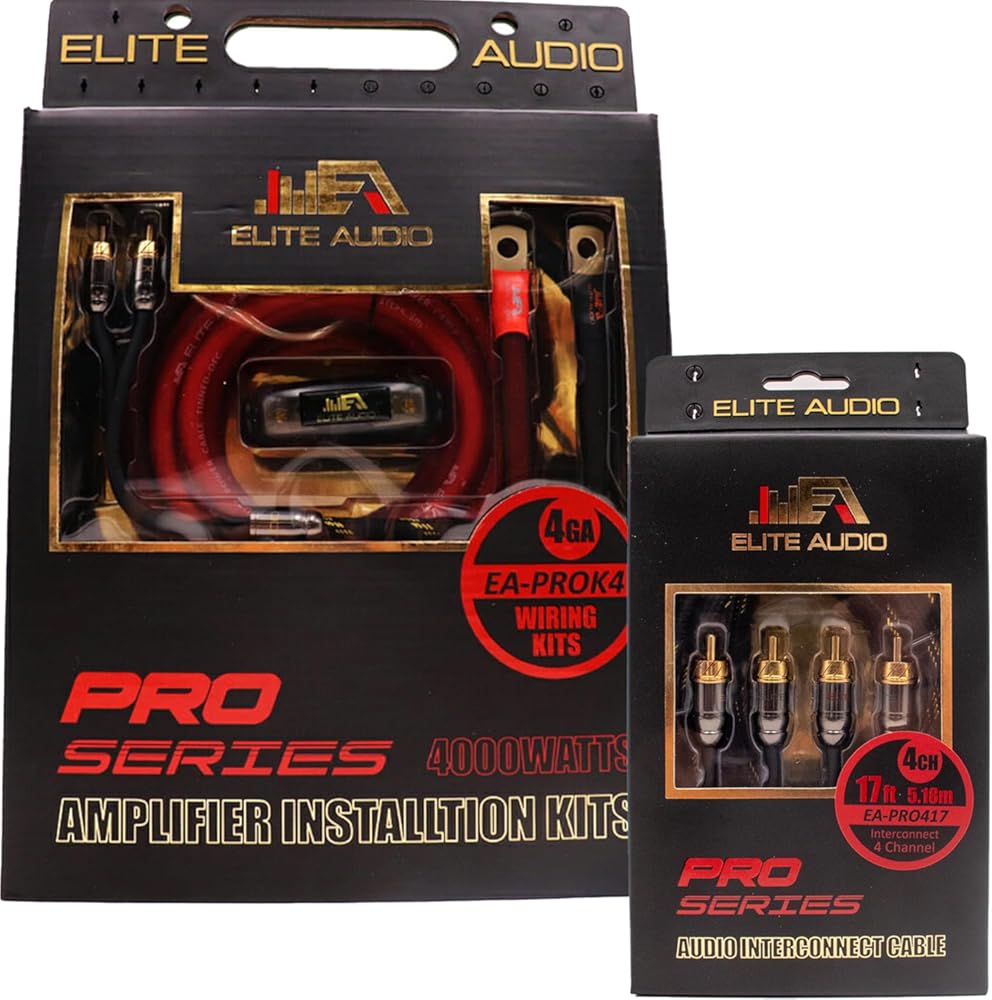 Elite Audio, EA-PROK4 + EA-PRO417, Pro Series Amplifier Wiring Kit and 4-Channel RCA Combo, 4000 Watts Max Power, 4GA Cables, Dual RCA Sets, ANL Fuse and Holder