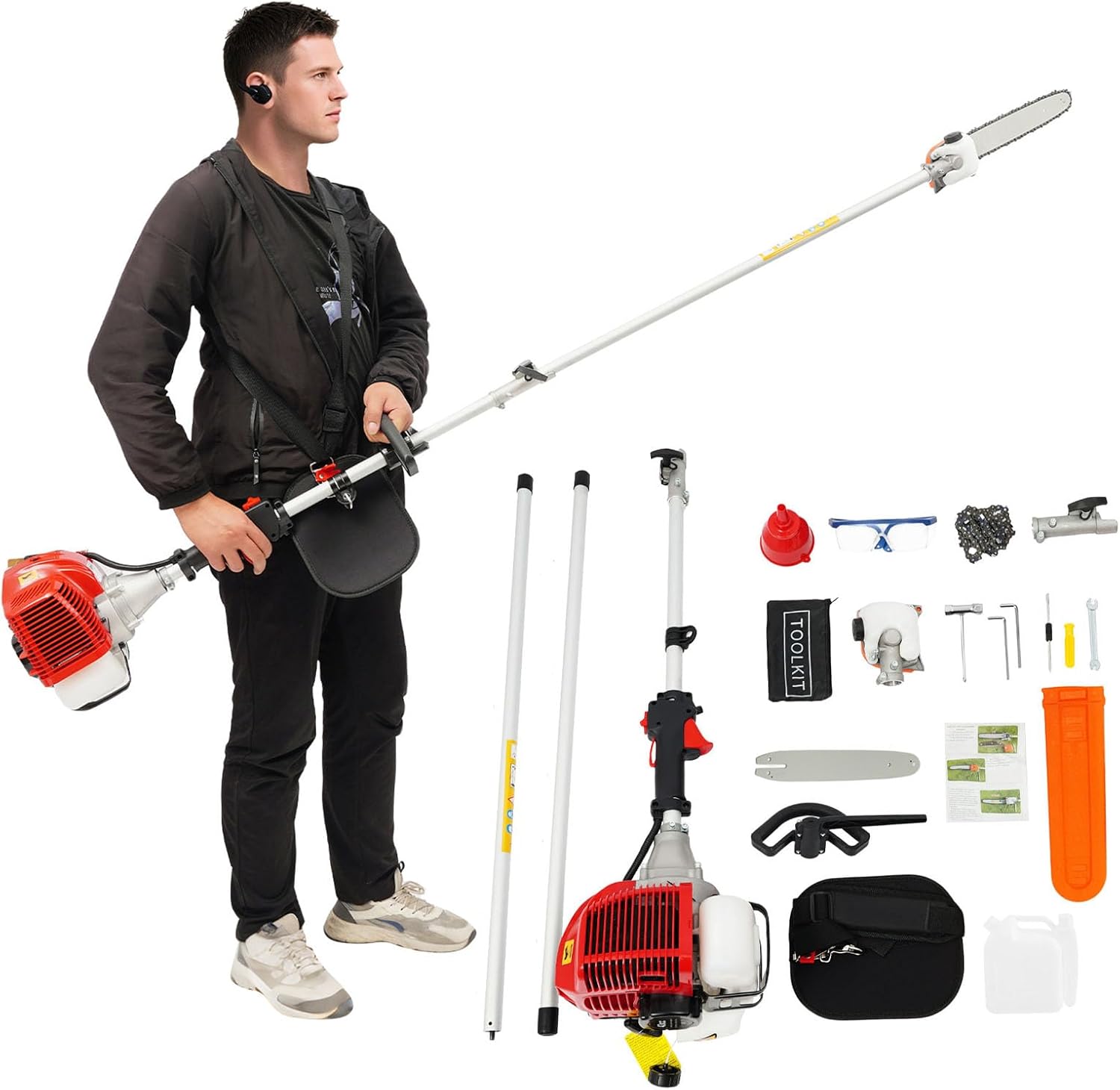 Gas Powered Pole Saw 43CC 2 Stroke Gasoline Hedge Trimmer with Carrying Strap, 7.87-11.48ft Extendable Long Pruning Chain Saw Cordless Tree Branch Pruner for Tree Pruning