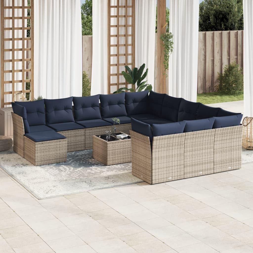 13 Piece Patio Sofa Set with Cushions, Gray Poly Rattan Outdoor Furniture, Modular Design for Backyard, Terrace, Balcony