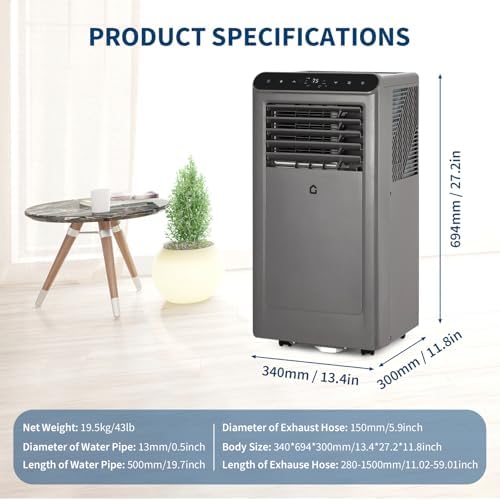 10000 BTU Portable Air Conditioners, 4-In-1 Portable AC Unit for Rooms Up to 450 Sq. Ft, Dehumidifier, Fan, Energy Saving, Remote Control, 24 Hour Timer, Sleep Mode, for Bedroom/Office,Grey