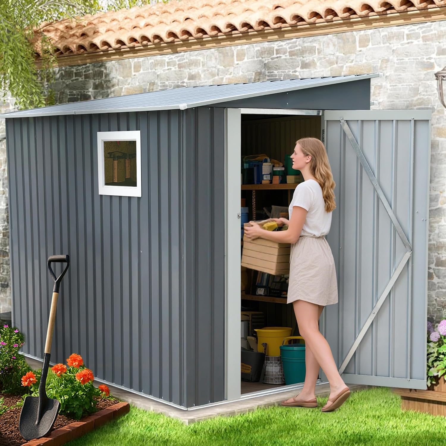Outdoor Storage Shed 7.5x4.5 FT Metal Garden Storage Shed Steel Anti-Corrosion Storage House with Single Lockable Door and Sloping Roof, Outside Sheds for Backyard, Pool, Patio, Light Gray