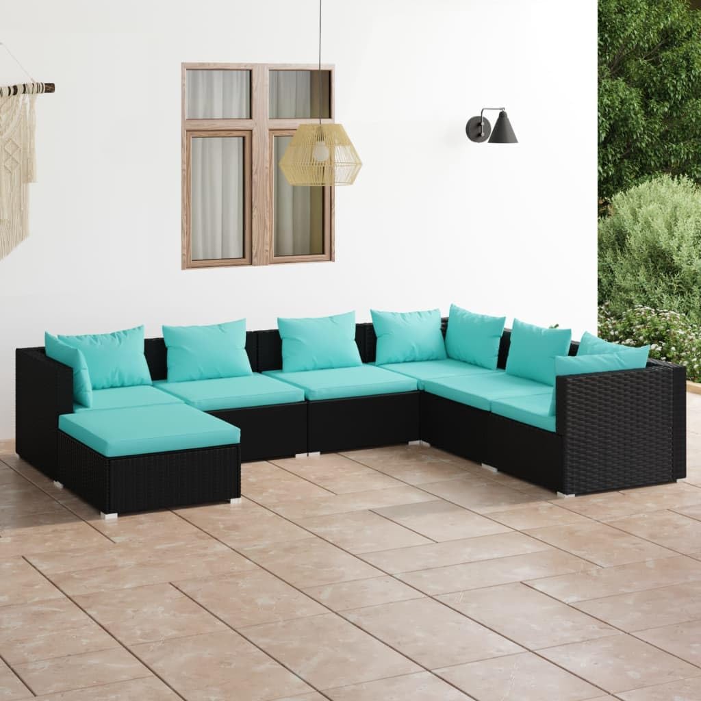 7 Piece Patio Lounge Set with Cushions Poly Rattan Black Garden Furniture