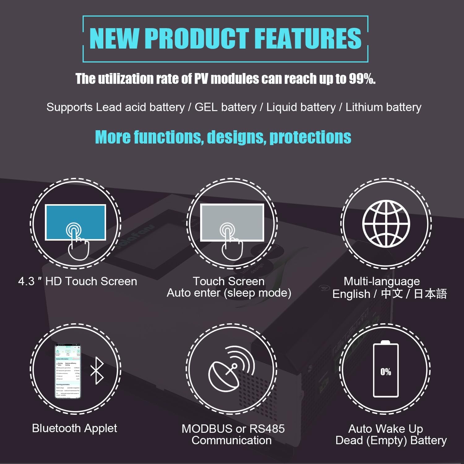 48V 70A HD Touch Screen MPPT Solar Controller 3840W PV DC150V 12V/24V/36V Bluetooth Battery Reactivation with Multi-Language