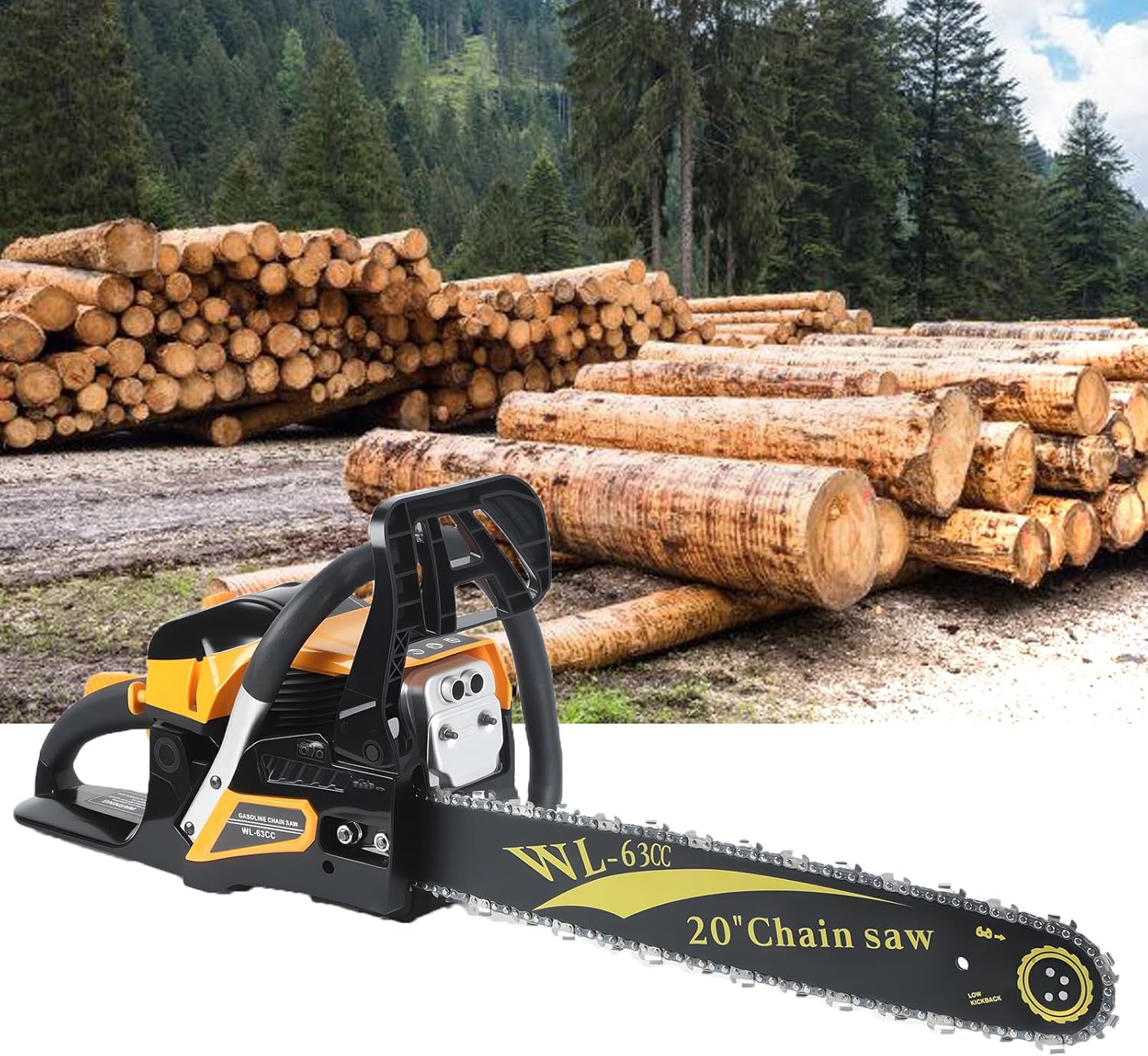 20 Inch 63CC Gas Chainsaw 2 Stroke Engine Powered Logging Saw with Ergonomic Handle Cordless Petrol Wood Cutting Tool