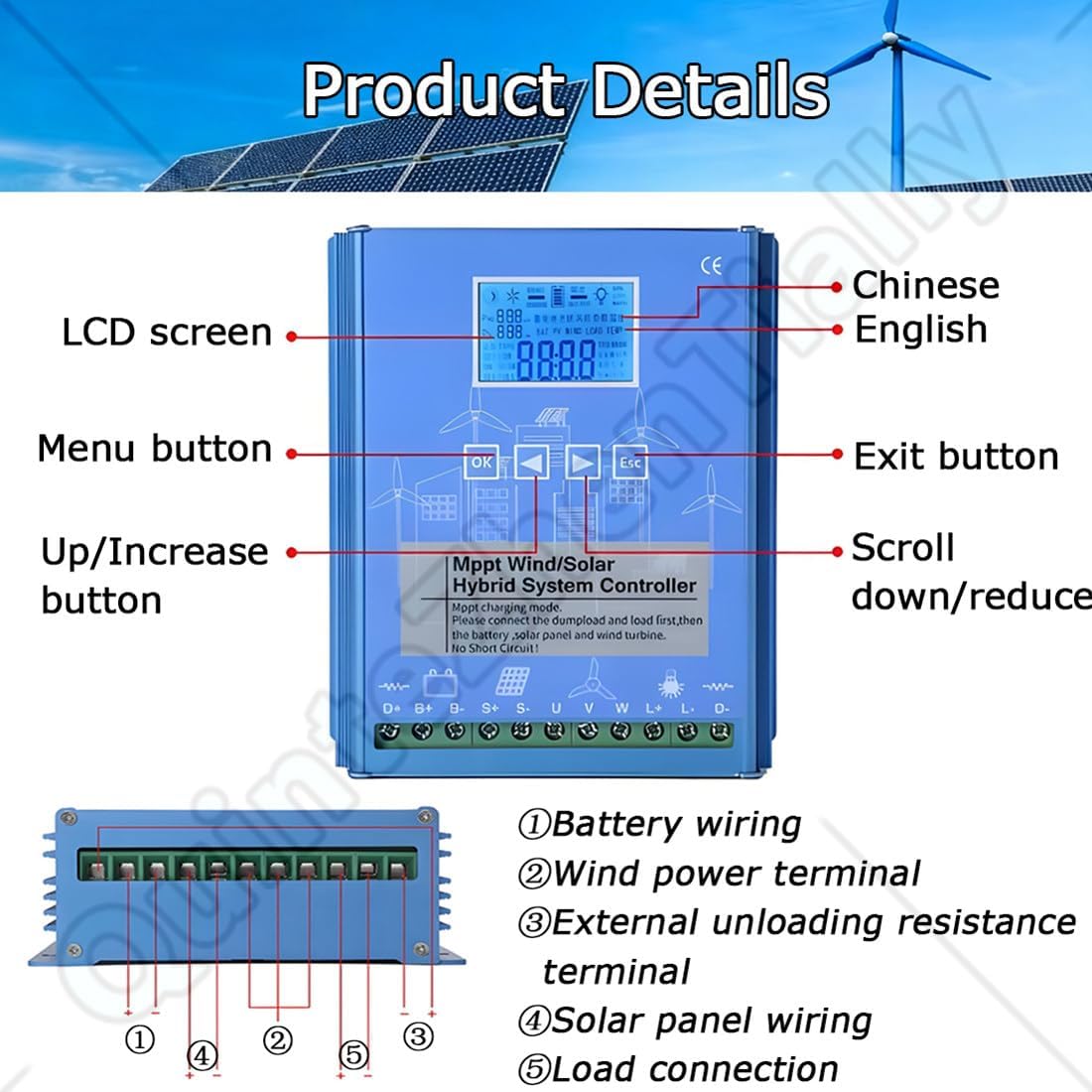 Wind & Solar Complementary Regulator,Wind Solar Hybrid Charge Controller,Mppt Booster Regulator Off Grid Systems,Multiple Load Control Modes,for Storage Power Stations 3000W