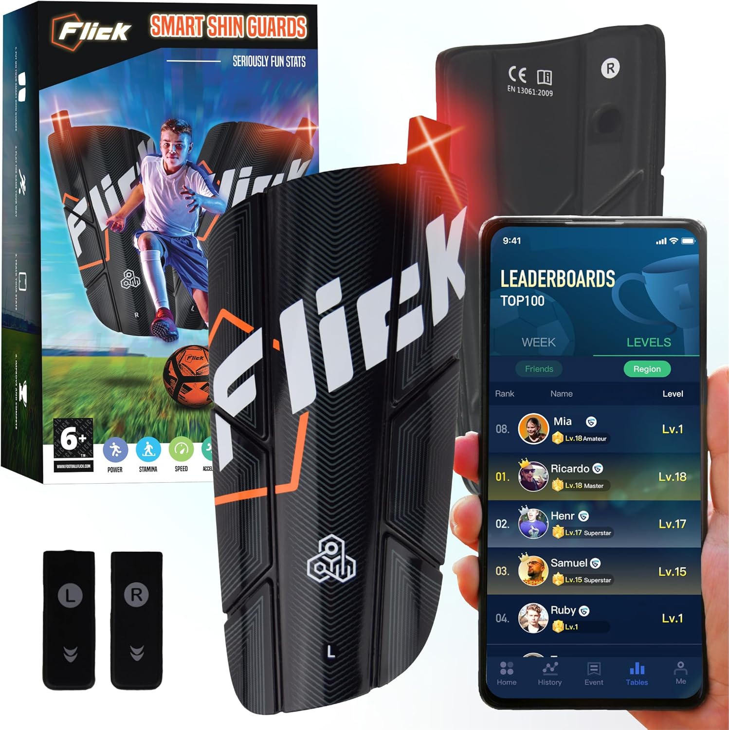 Flick Smart Soccer Tracker with Shin Guards - Track and Anaylze Performance - Soccer Accessory for Training and Games - Extremely Lightweight - One Size Fits All