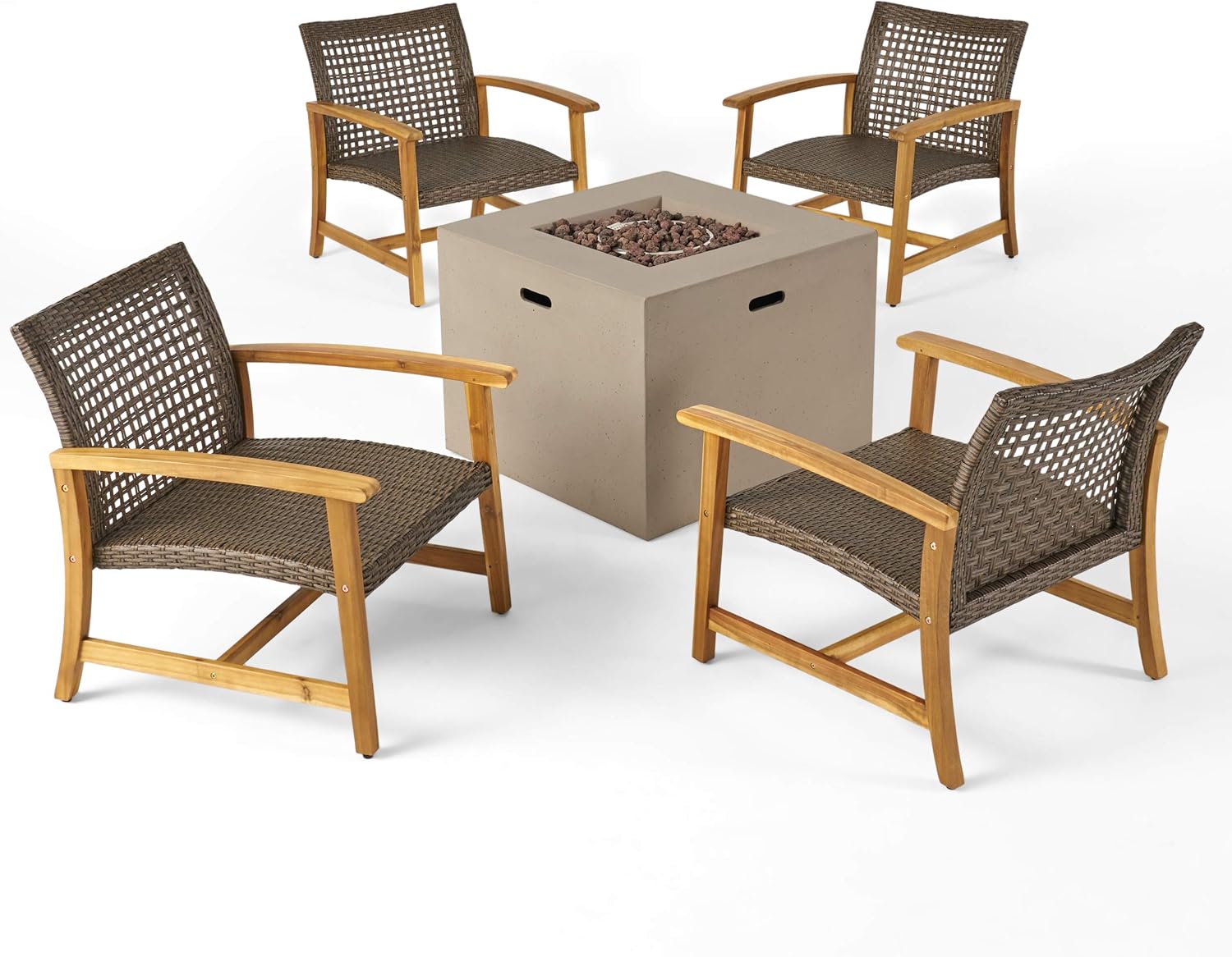 GDFStudio Outdoor 5 Piece Wood and Wicker Club Chairs and Fire Pit Set, Mixed Mocha and Light Gray