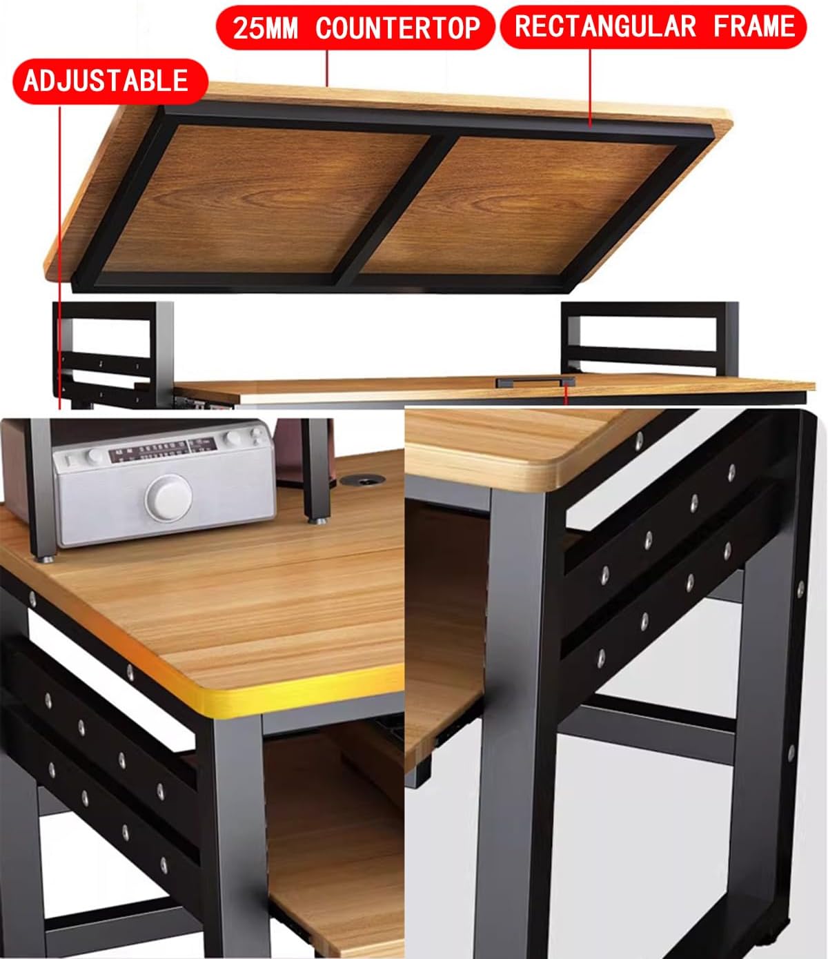 Music Production Studio Desk, Multi-Tier Computer Workstation with MIDI Keyboard Shelf, Wood and Black Metal Frame (Brown)