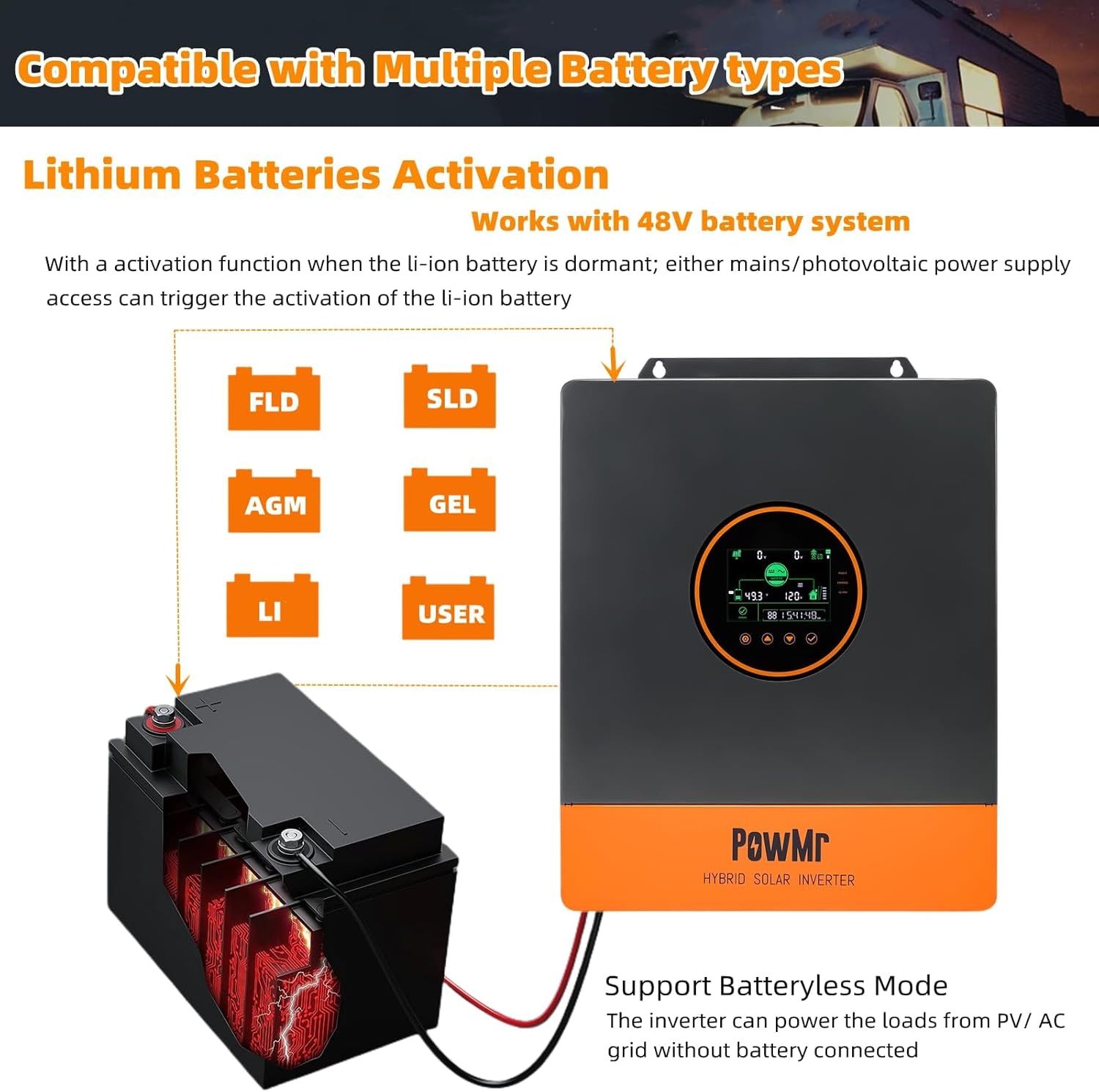 PowMr 5200W Hybrid Solar Inverter, 48V DC to 110V/120V AC, Split Phase Inverter with 100A MPPT Controller, Max PV Input 6KW, 500VDC, Supports Up to 6 in Parallel, for Lead Acid Lithium Battery