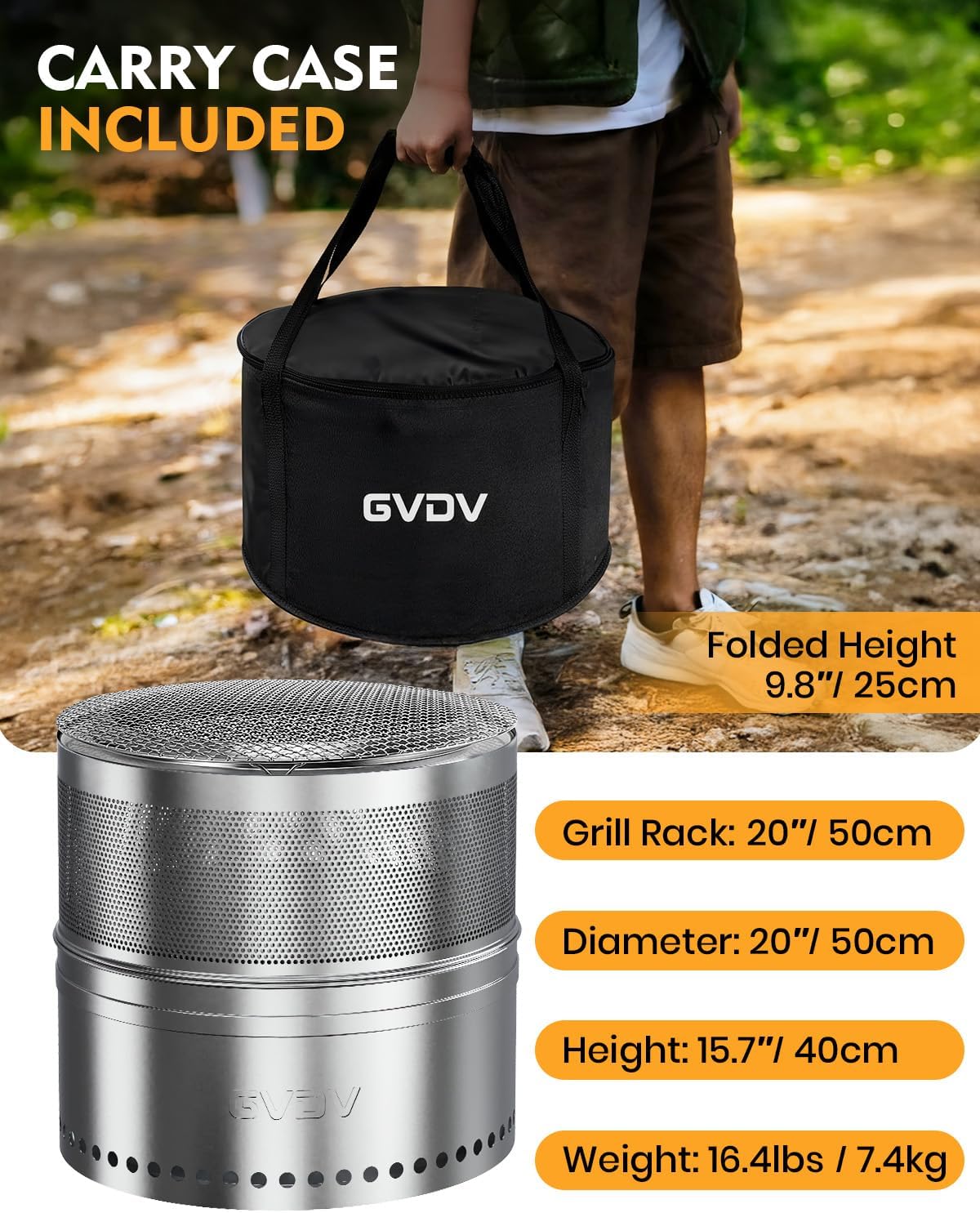GVDV Smokeless Firepit, 20 Inch Outdoor Fire Pit with Grill & Removable Ash Pan, Hollow-Carved Design, Camping Fire pits for Outside Wood Burning, Portable Bonfire Stove with Carry Bag