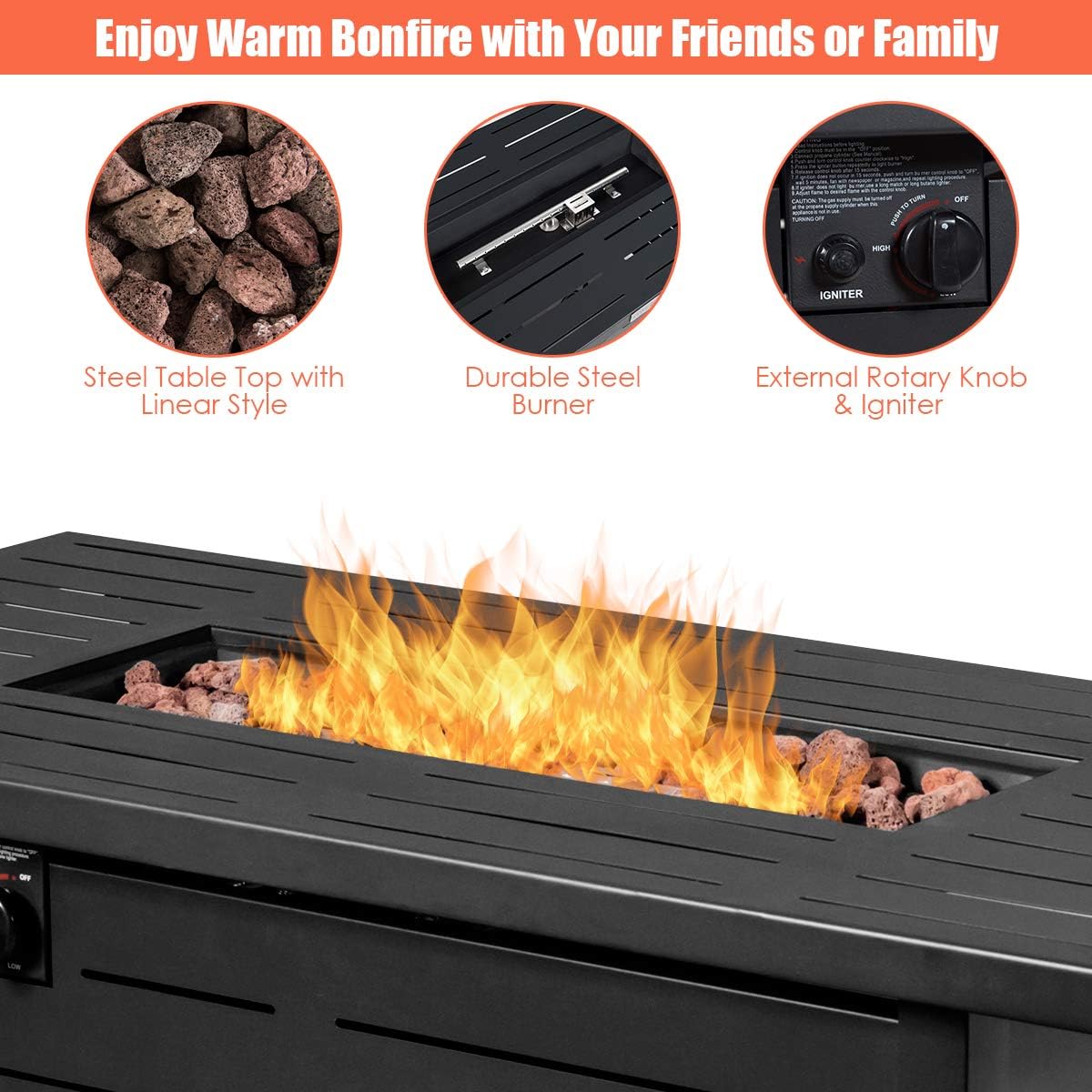 ReunionG 42in Propane Fire Pit Table, 60, 000 BTU Outdoor Rectangular Steel Propane Gas w/ Waterproof Cover, Auto Ignition, Lava Rock, Burner Lid, CSA Approved Fire Pit Table, cappuccino