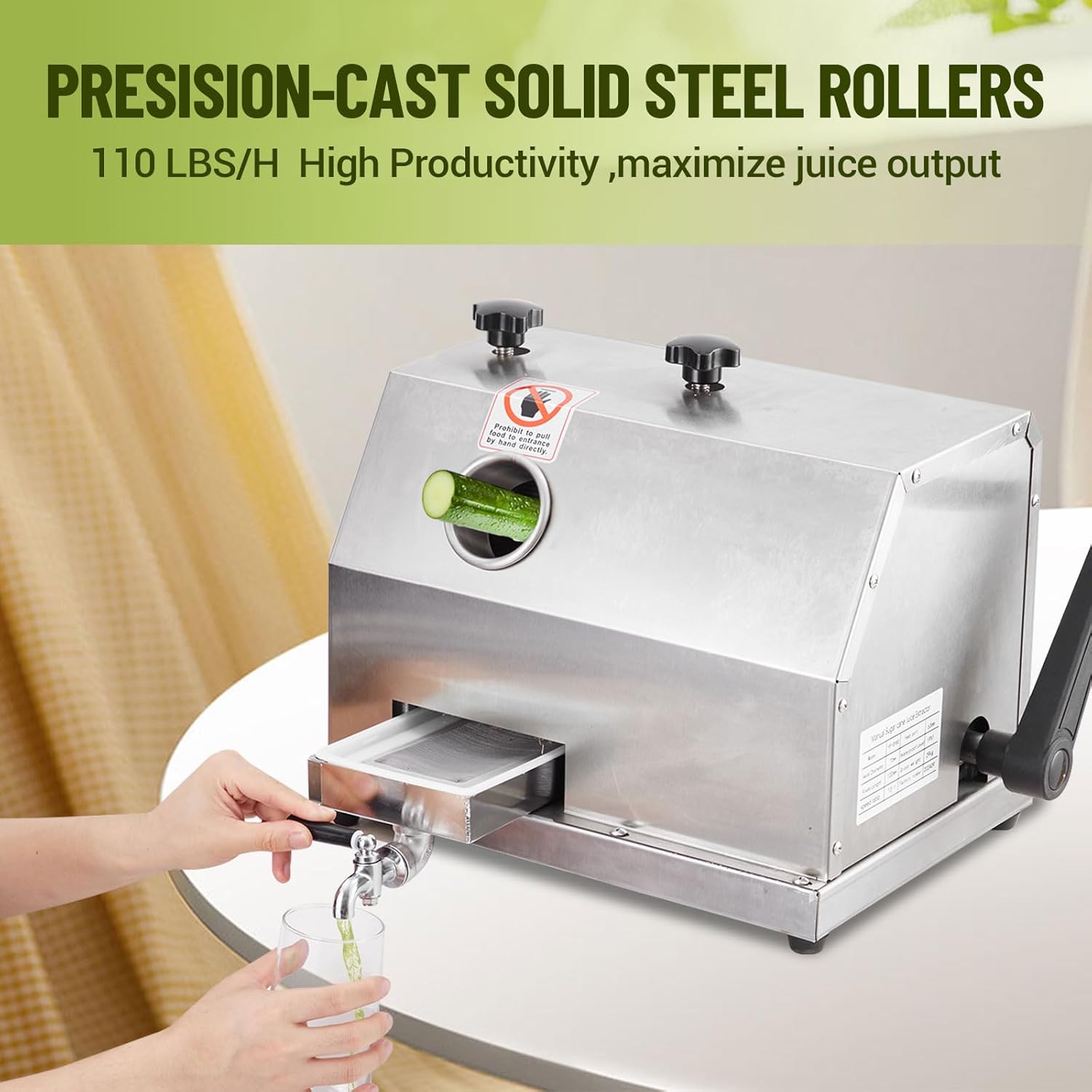 Manual Sugar Cane Juicer Machine, 110 LBS/H Output Commercial Press with Stainless Steel 3 Rollers & 2.4