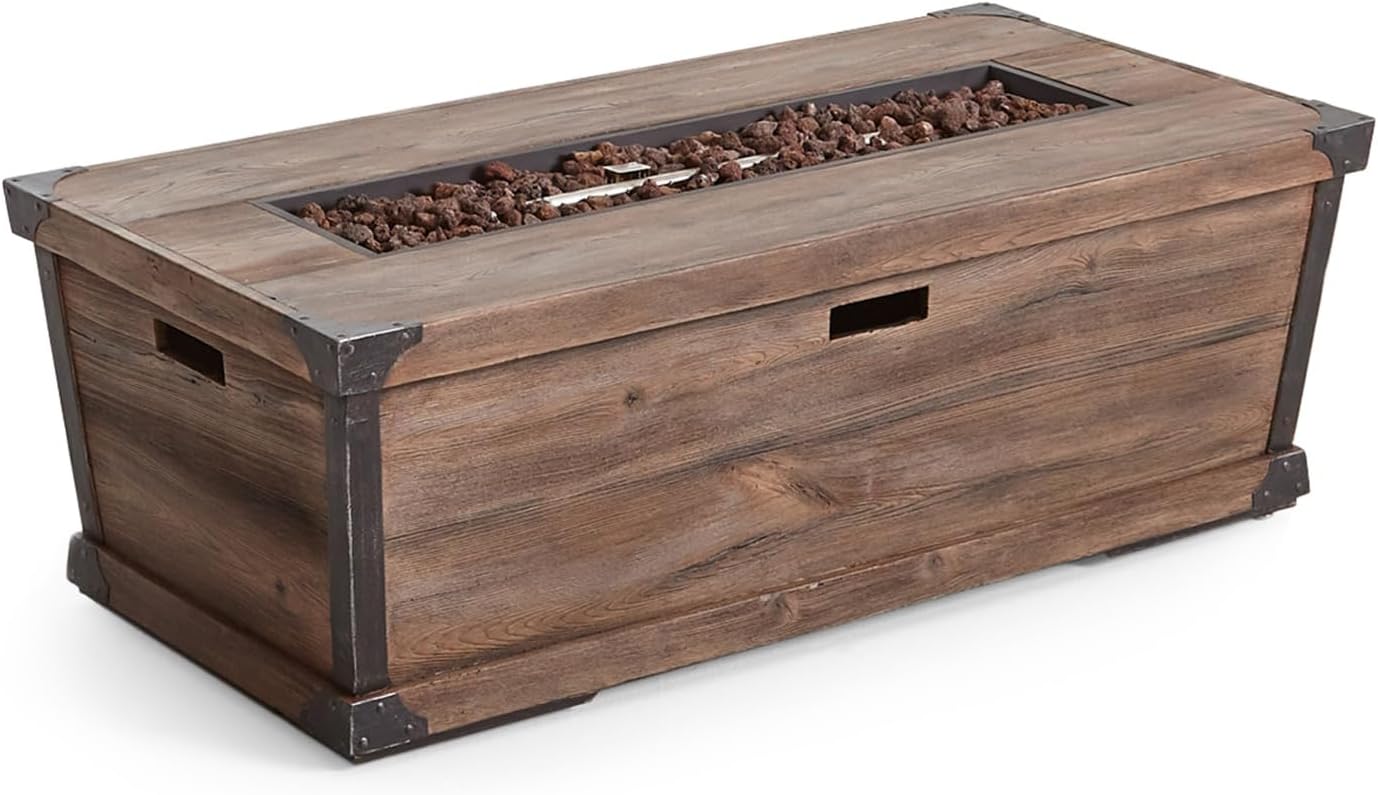 Penau Outdoor Patio Concrete Fire Table - Rectangle Gas Burning 56-Inch Fire Pit, 50,000 BTU, Wood Pattern - Brown (Tank Cover Not Included)