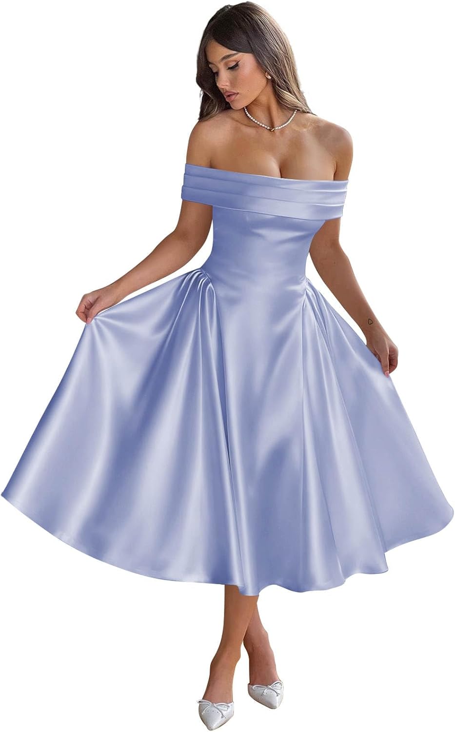 BOLENSYE Off The Shoulder Satin Bridesmaid Dresses Tea Length A Line Formal Ball Gown Midi Wedding Guest Dress