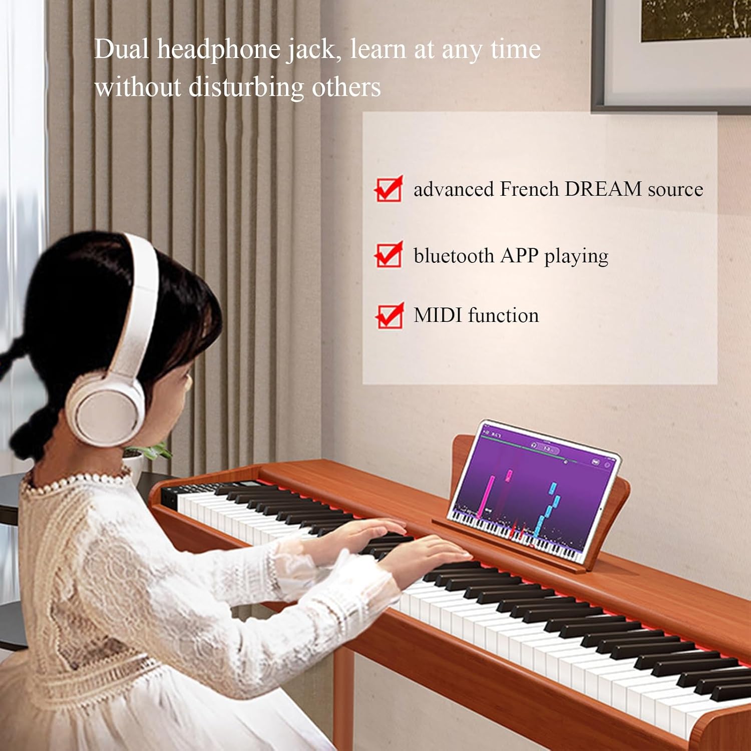 Digital Piano With 88 Hammer Action Weighted Keys Support USB-MIDI & Dual Headphones Electronic Piano For Beginners Professional With Music Stand, Triple Pedal(Beige)