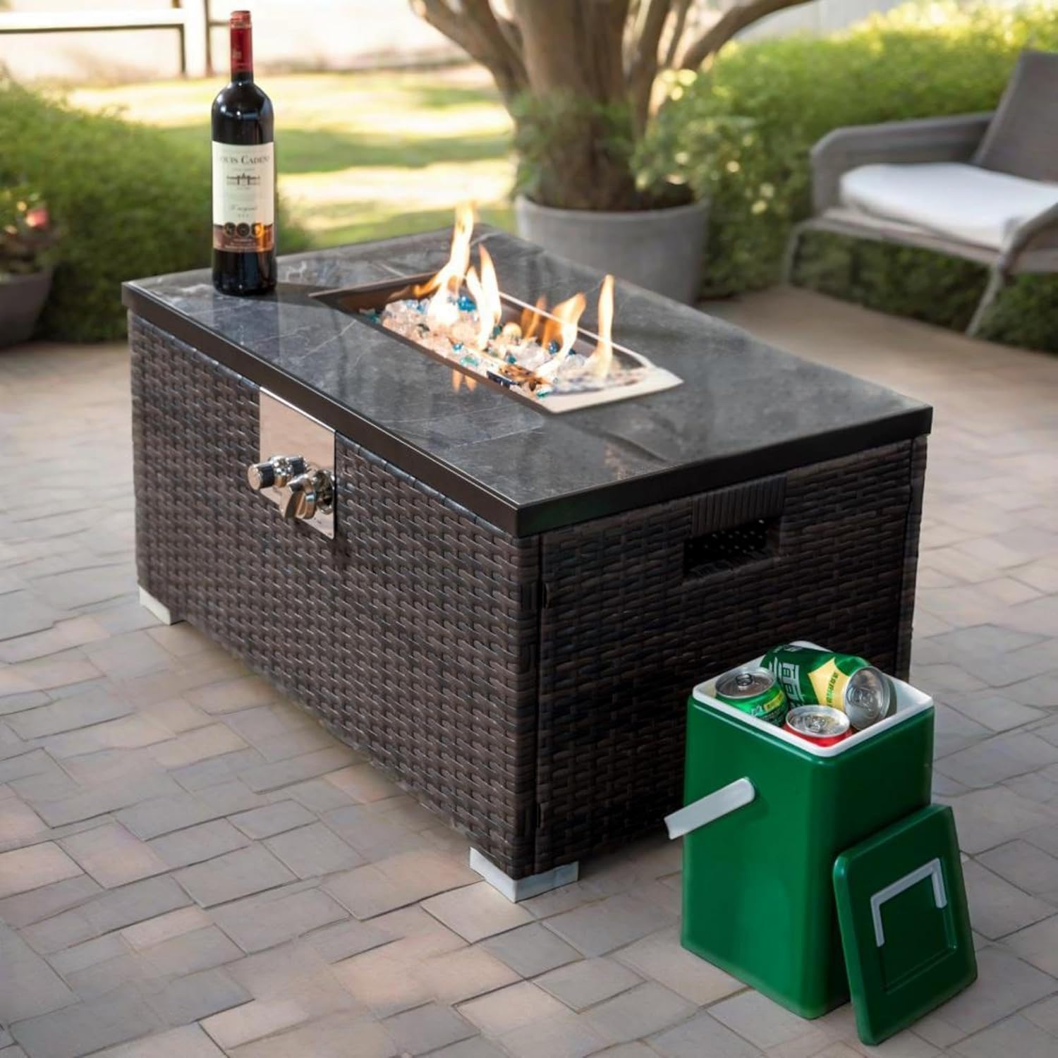 Outdoor Propane Fire Pit Table, 32L x 20W x 15H inches, 50,000 BTU, Brown Wicker Base with Ceramic Tile Top