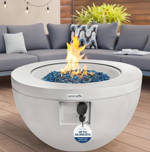 SereneLife SLNFBAL7 Propane Fire Pit Table – 40,000 BTU Outdoor Gas Fire Table w/Adjustable Flame Control, CSA/ETL Certified, Weather-Resistant, Thermocouple Safety, PVC Cover & Lava Rocks