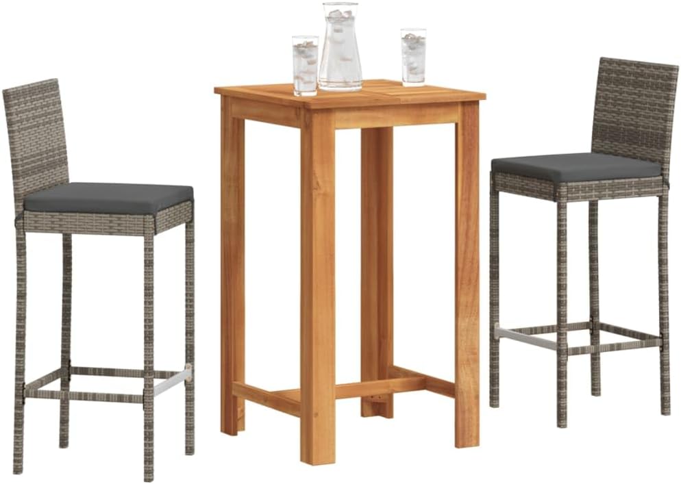 Patio Set 3 Piece Patio Bar Set Gray Solid Wood Acacia and Poly Rattan