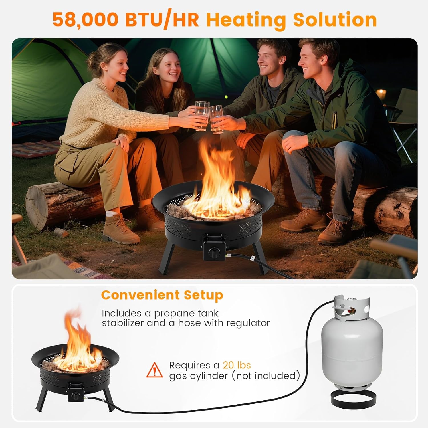 Tangkula Portable Propane Fire Pit, 24.5 Inch 58,000 BTU Smokeless Fire Bowl with Carry Strap, Lid & Folding Legs, Tank Base Holder, Outdoor Gas Fire Pit for Camping Patio Backyard