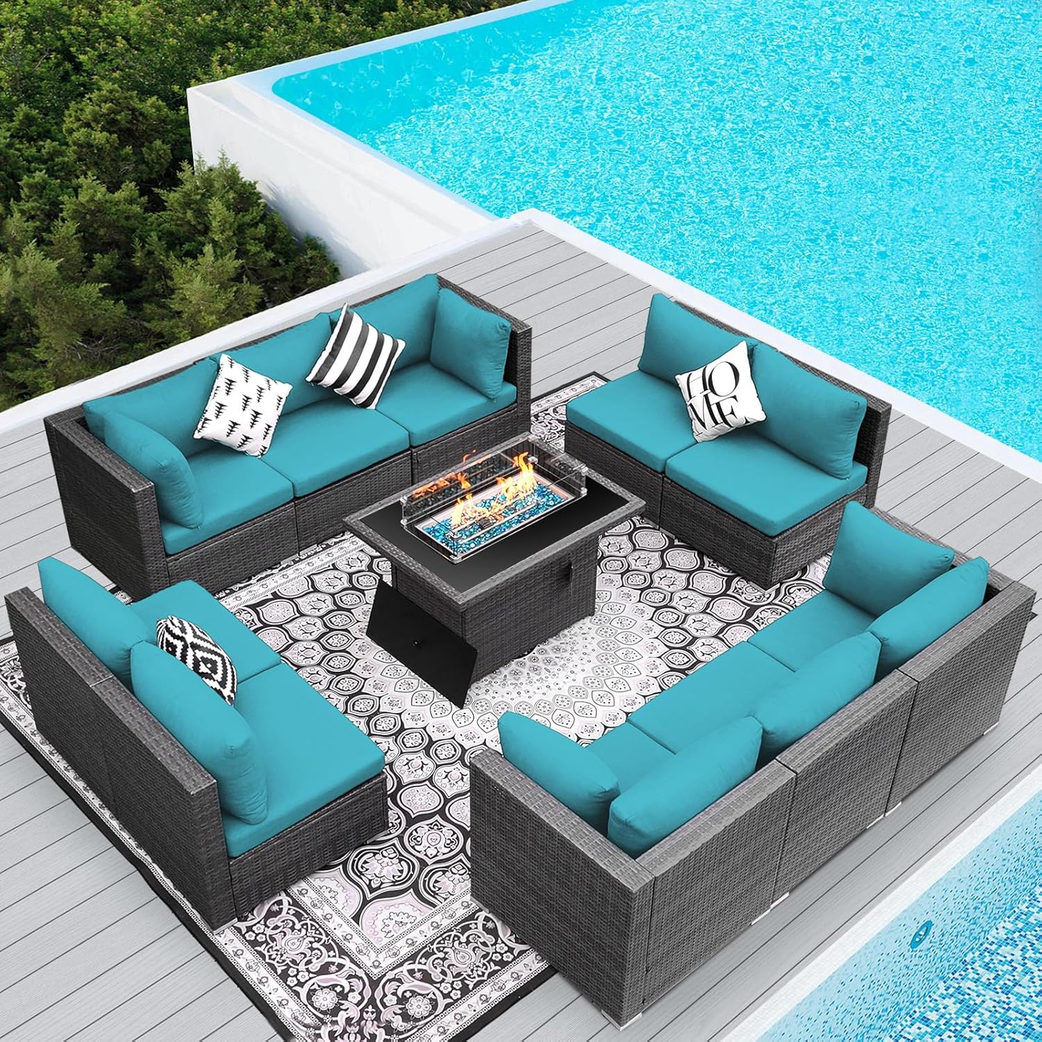 RADIATA 11 Piece Patio Furniture Sets with Firepit, Exra Large Size Outdoor Sectional and Fire Pit with Comfy High Back Deep Wide Seating for 10 People, All-Weather Non Fading Durable, Grey&Sky Blue