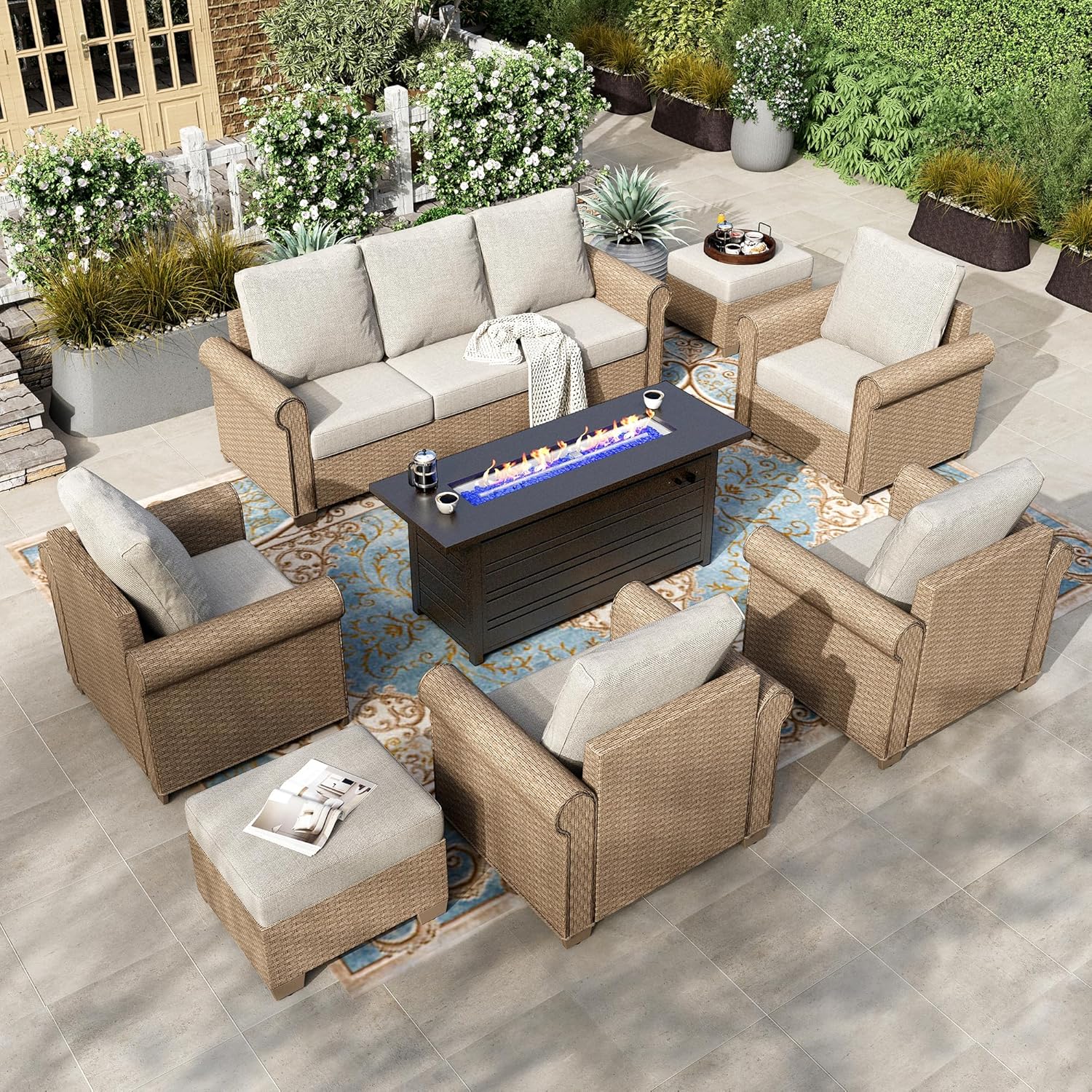 HERA'S HOUSE 8 Pieces Patio Furniture Set, All Weather 9 Seats Outdoor Wicker Sofa with Ottomans, Rattan Patio Conversation Set with 5.5