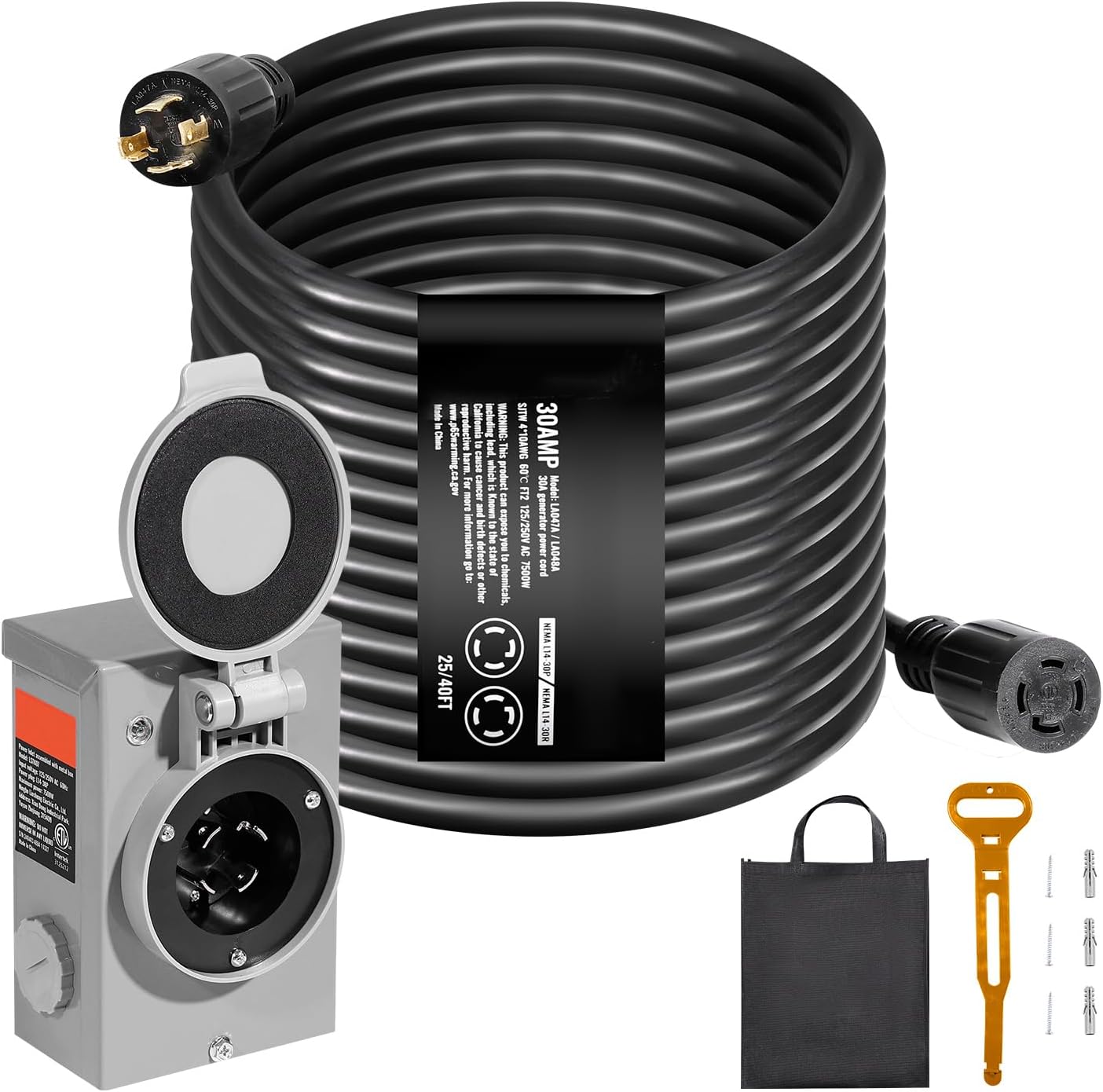 Happybuy 30 Amp Generator Cord Kit, 25FT, NEMA L14-30P/L14-30R, STW 10 AWG Power Extension Cord with Twist Lock, Pre-Drilled Inlet Box for RV Outdoor, ETL Listed