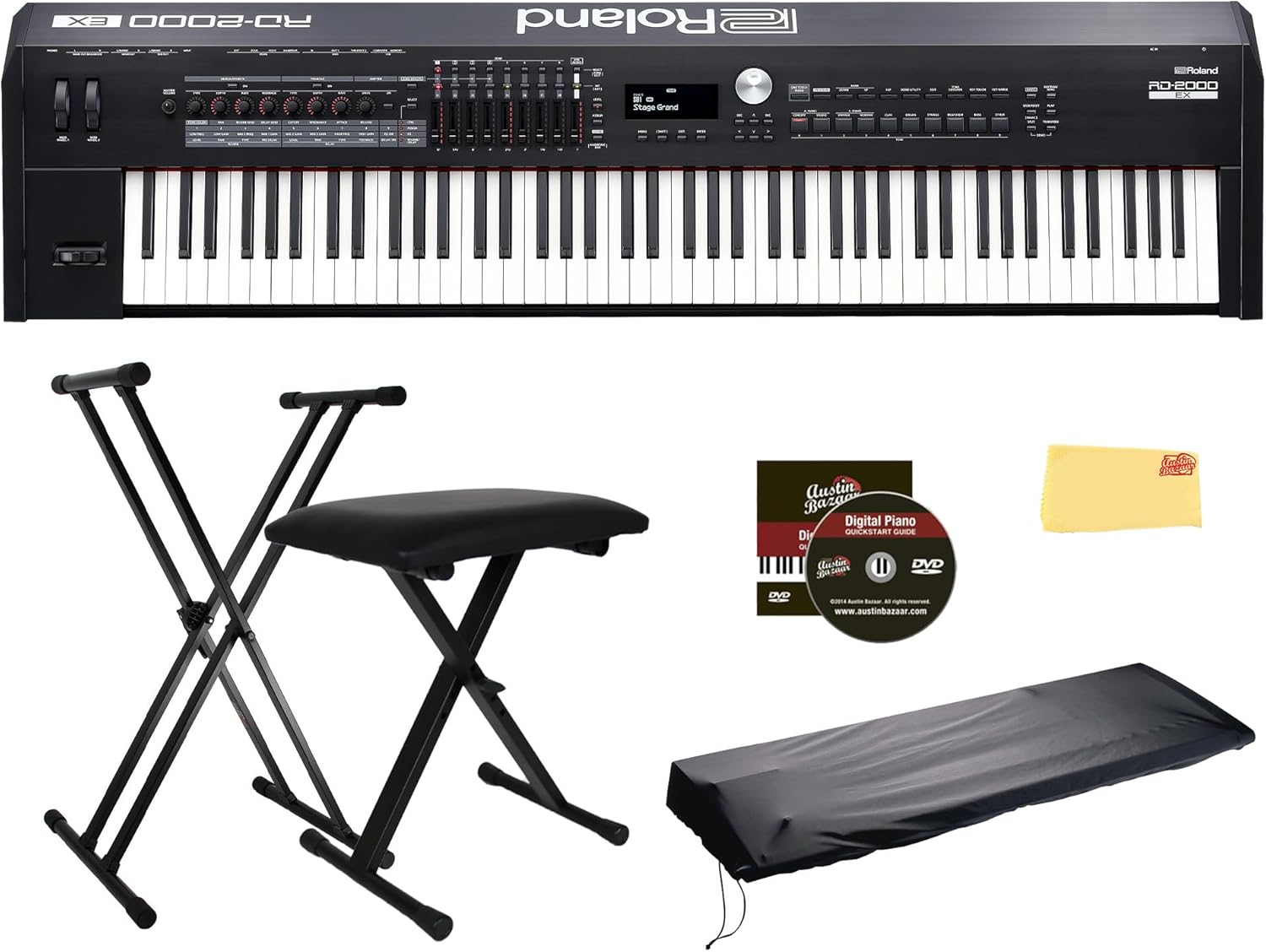 Roland RD-2000EX 88-Key Stage Piano - Black Bundle with Adjustable Stand, Bench, Dust Cover, Online Piano Lessons, Austin Bazaar Instructional DVD, and Polishing Cloth