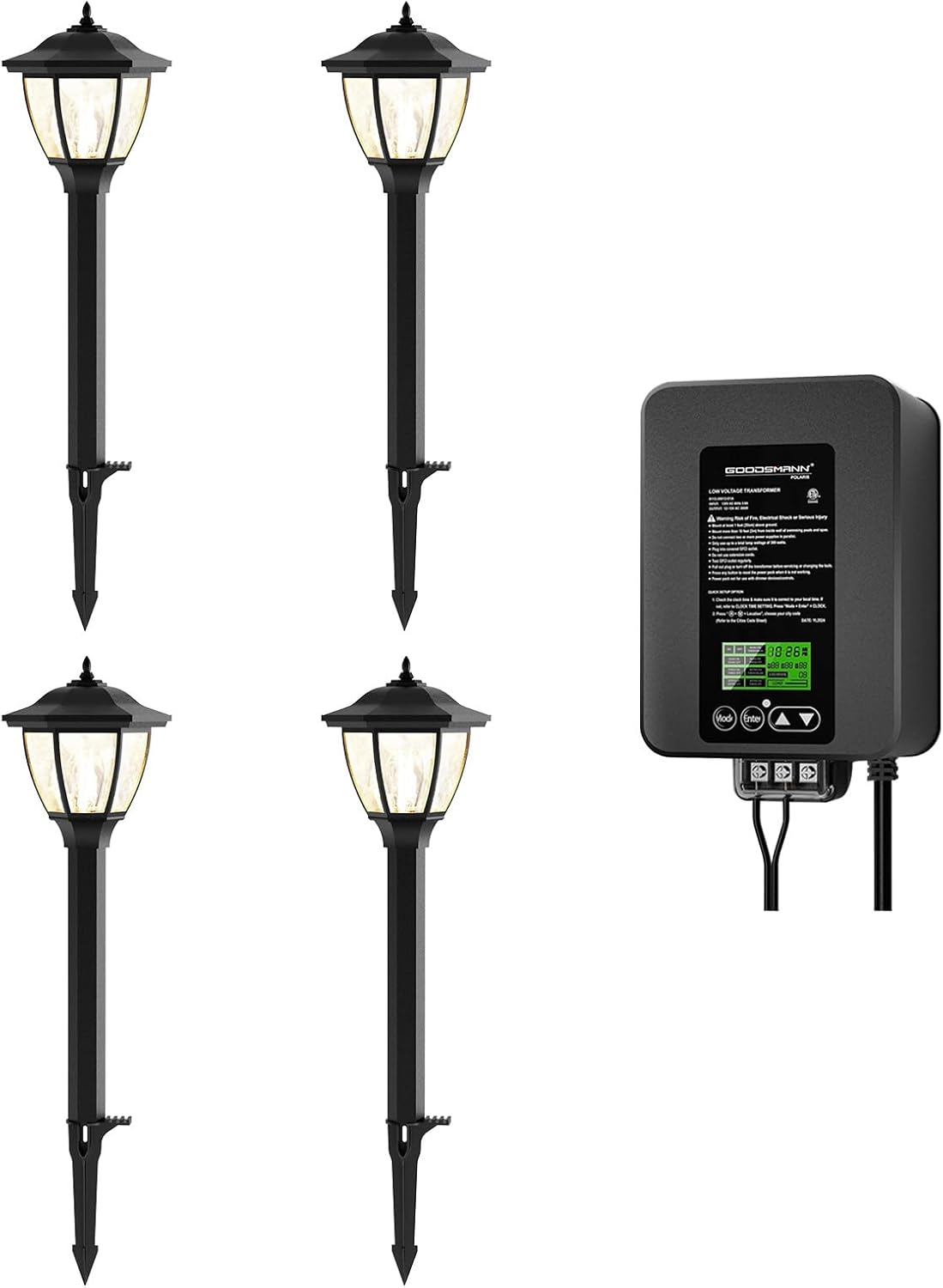 GOODSMANN Landscape Lighting 4PK Pathway Lights Low Voltage 1 Watt LED 12V AC Landscape Lights 40 Lumen 2700K Warm White with Replaceable Led Bulbs Cable Connectors with 300W Low Voltage Transofmer