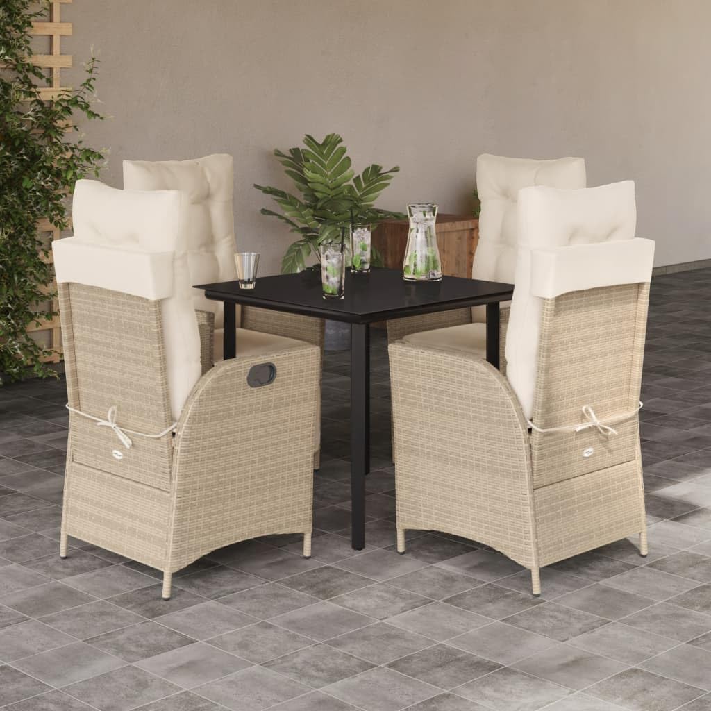 5 Piece Patio Dining Set with Cushions Beige Poly Rattan,Comfortable Garden Dining Set with Adjustable Reclining Chairs and Glass Table Furniture Sets for Patio, Lawn & Garden