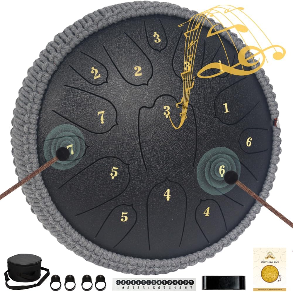 Steel Tongue Drum 12 Inches 15 Notes Musical Instruments, D Major Percussion Instrument with Soft Bag, Music Book and 2 Mallets for Meditation (black)