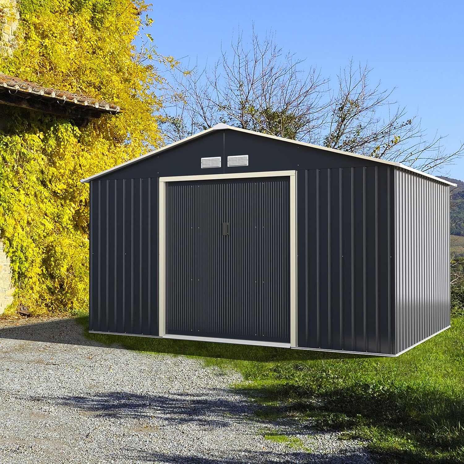 IRONMAX Outdoor Storage Shed, 11x8 FT Galvanized Metal Lean to Garden Shed, Heavy Duty Tool Storage House with Sliding Doors & Air Vents, for Bicycles, Lawnmowers, Backyards, Patios, Lawns, Grey