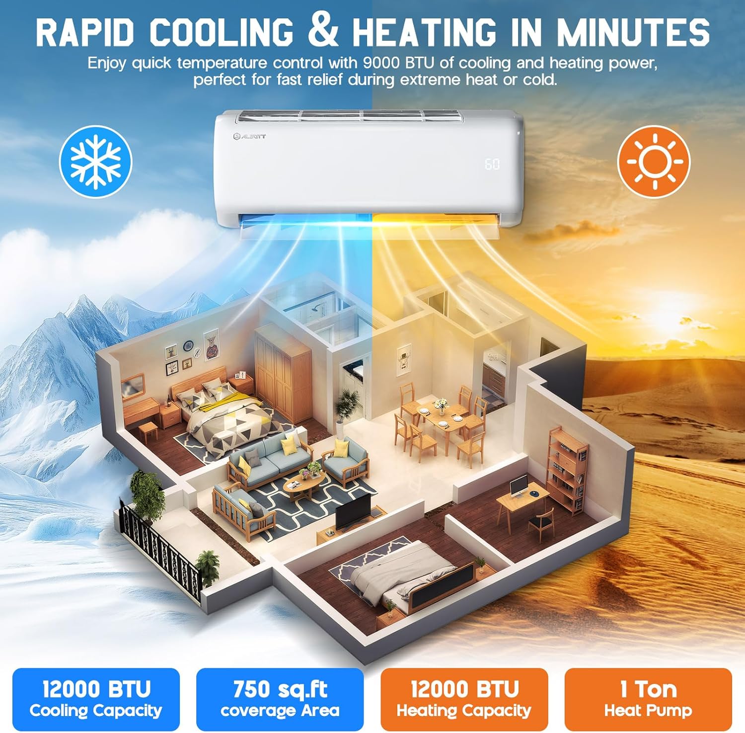 Albott 12000 BTU Ductless Mini Split Air Conditioner and Heat Pump, SEER2 18.5, 220V Inverter AC, Cools up to 750 Sq. Ft, Energy Efficient, Self-Cleaning, Including Remote