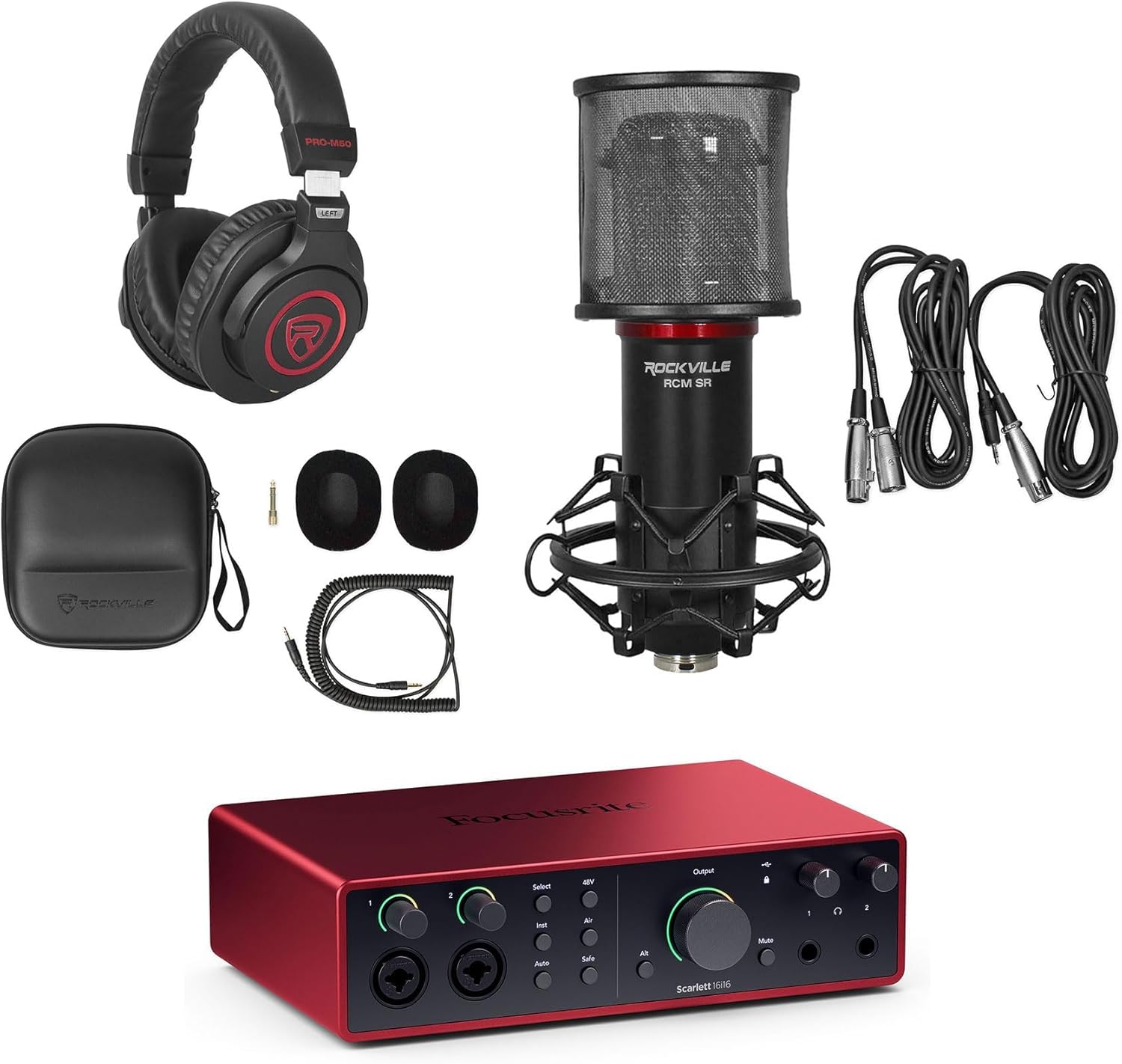 Audiosavings Bundle: Focusrite SCARLETT 16I16 4G 4th Gen 24-bit 192 kHz Audio Recording Interface Bundle with Rockville PRO-M50 SR Headphone+RCM SR Studio/Recording Condenser Microphone (3 Items)