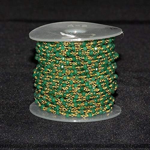 JEWELZ 10 feet emerald wire wrapped on gold plated chain - rosary style beaded chain 3-3.5mm