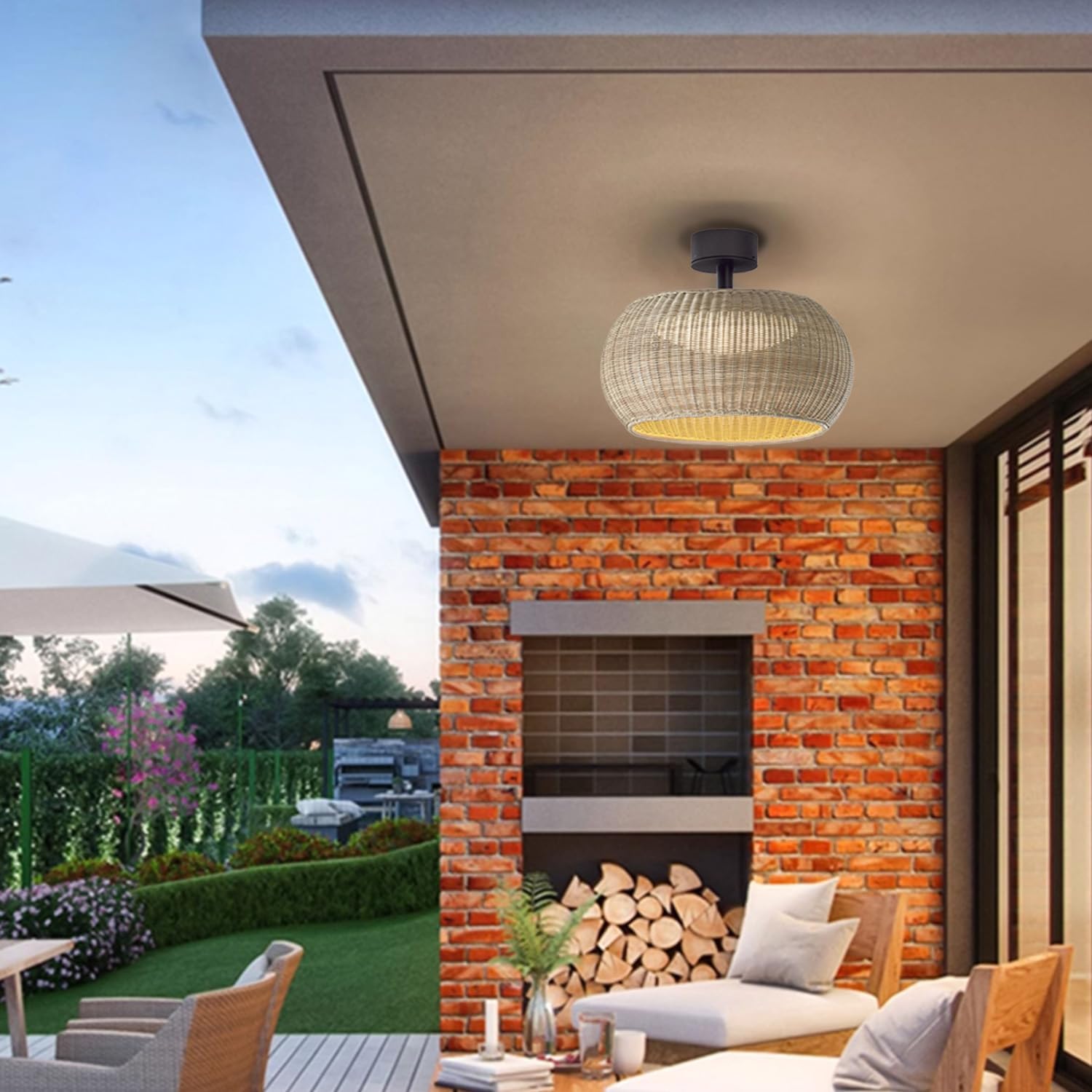 MIXL- Rattan Woven Outdoor Light Fixtue,Beige Shade Semi Flush Mount Ceiling Light,Farmhouse Rattan Weave Light Fixture,Boho Style Outdoor Ceiling Lamp for Patio Gazebo