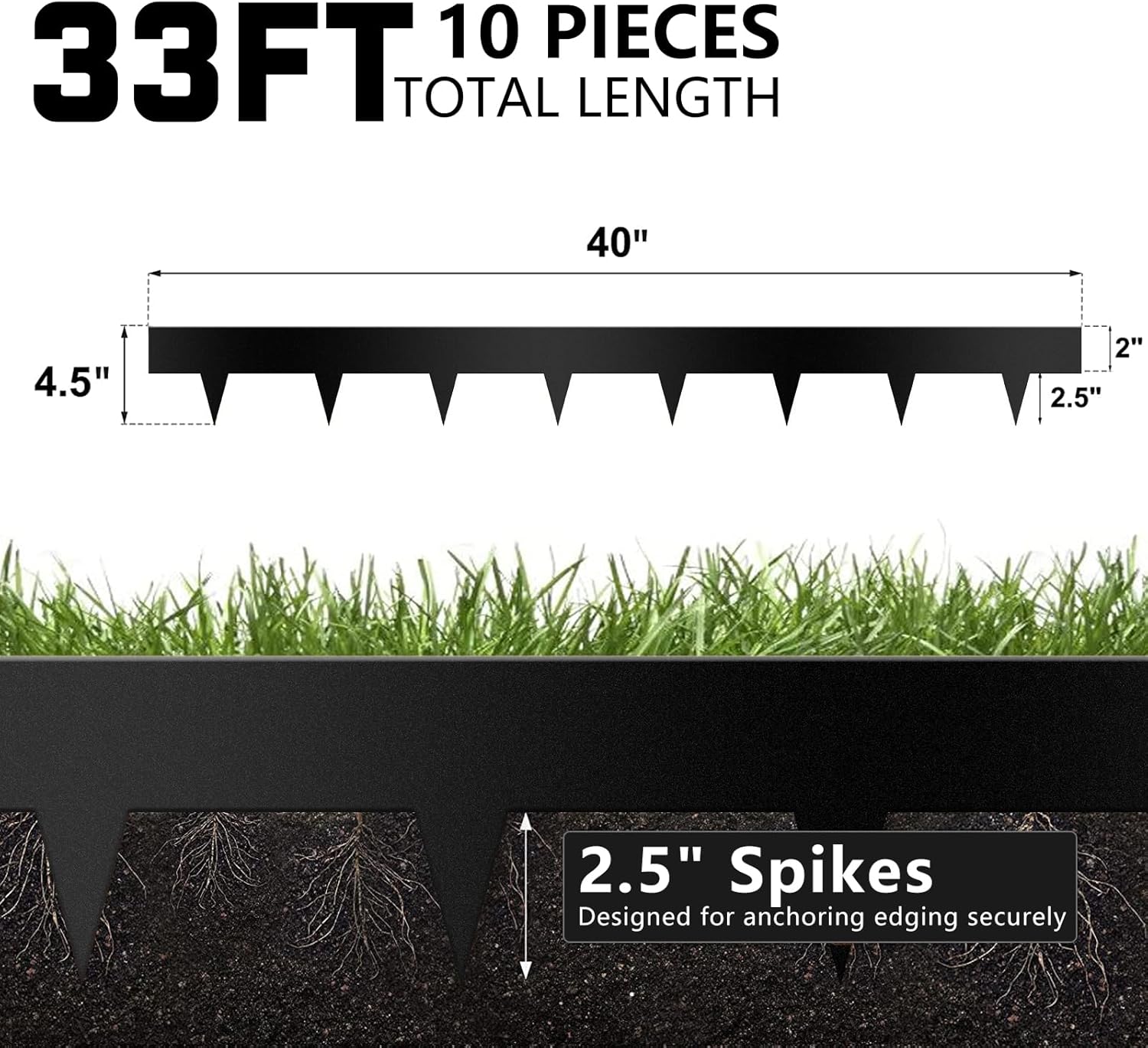 Worth Garden 10-Pack Galvanized Steel Landscape Lawn Edging - 4.5in H Black Powder Coated Bendable Metal Strips - Hammer-in Edging Border w/ 11 Clips - Yard Pathway Divider (33Ft Total)