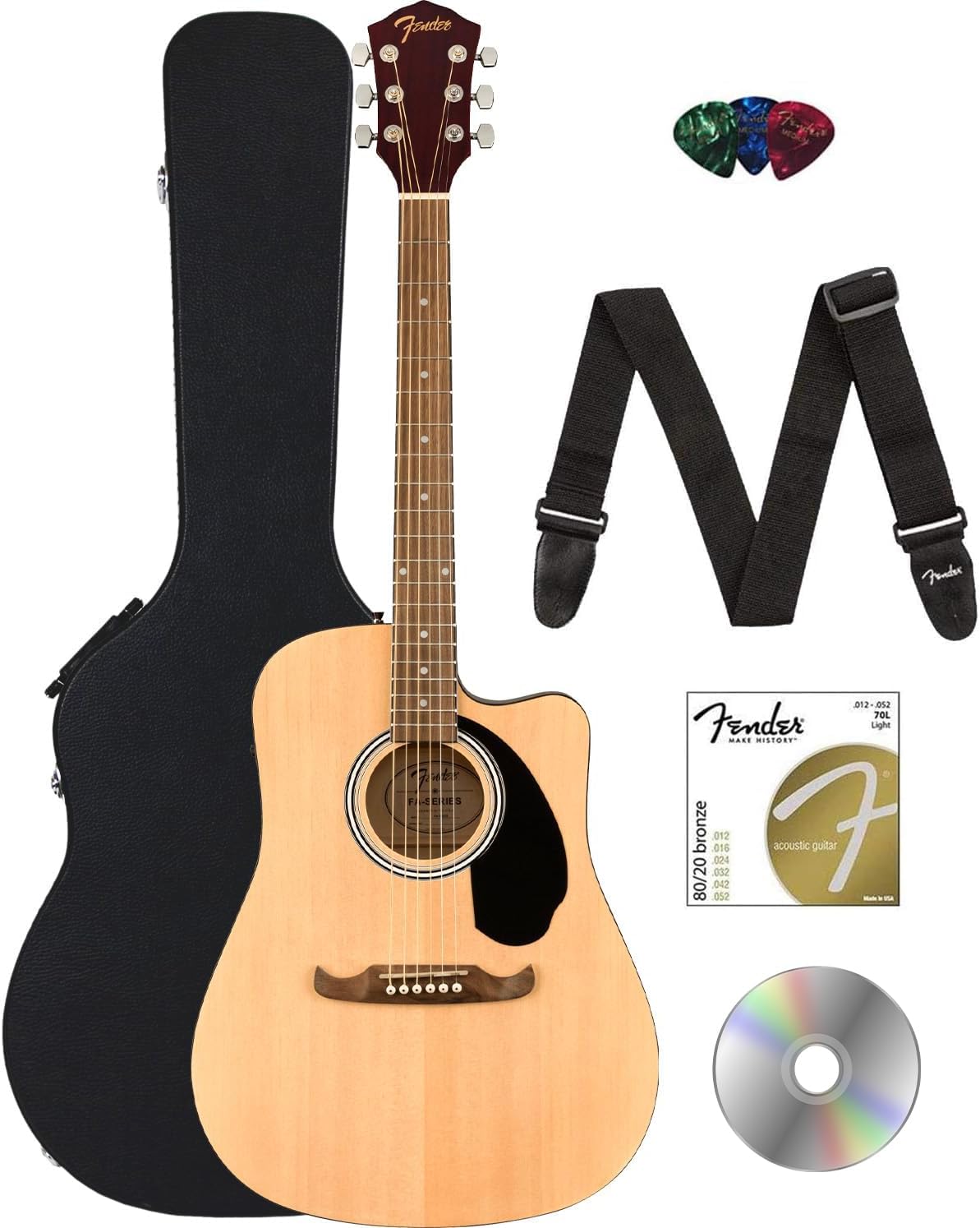 Fender FA-125CE Dreadnought Cutaway Acoustic-Electric Guitar - Natural Bundle with Hard Case, Strap, Strings, Picks, and Austin Bazaar Instructional DVD