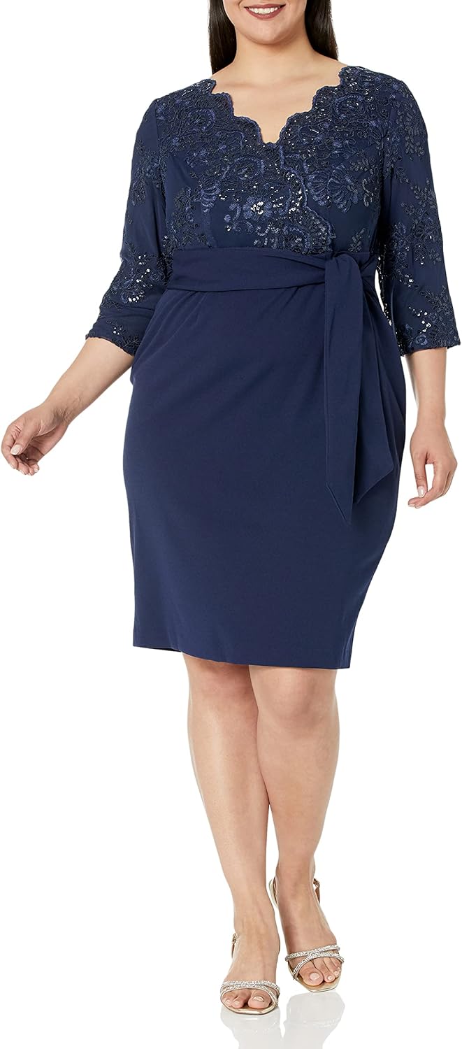 Alex Evenings Womens Plus-Size Midi Length V-Neck Shift Dress with SleevesSpecial Occasion Dress