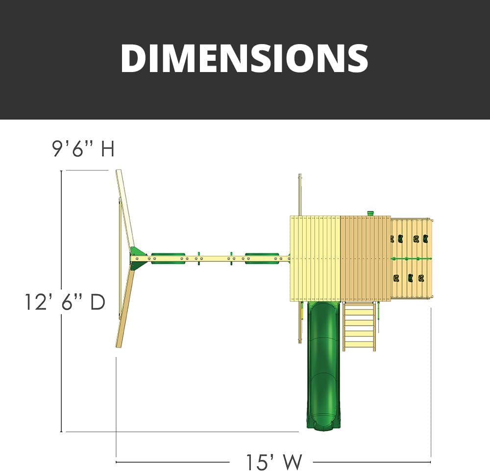 Gorilla Playsets 01-1077 Avalon Treehouse Wooden Swing Set with Oversized Green Vinyl Canopy Roof, Climbing Wall, Ladder, Swings and Slide