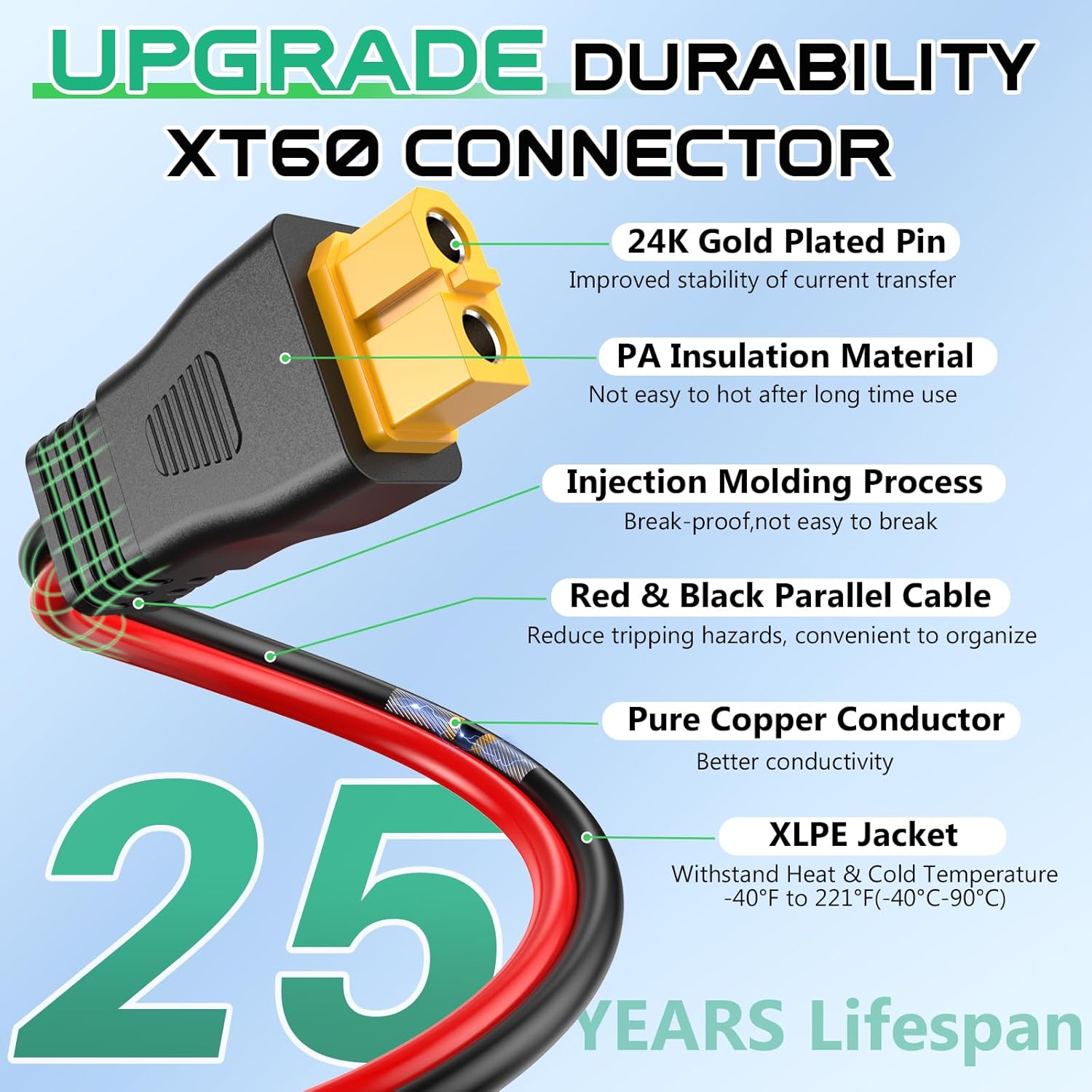 10AWG XT60 Solar Cable 50FT, XT60 Cable to Solar Connector, Solar Cable Connector to XT60 Extension Cable, XT60 Solar Charging Cable for Portable Power Station Solar Generator