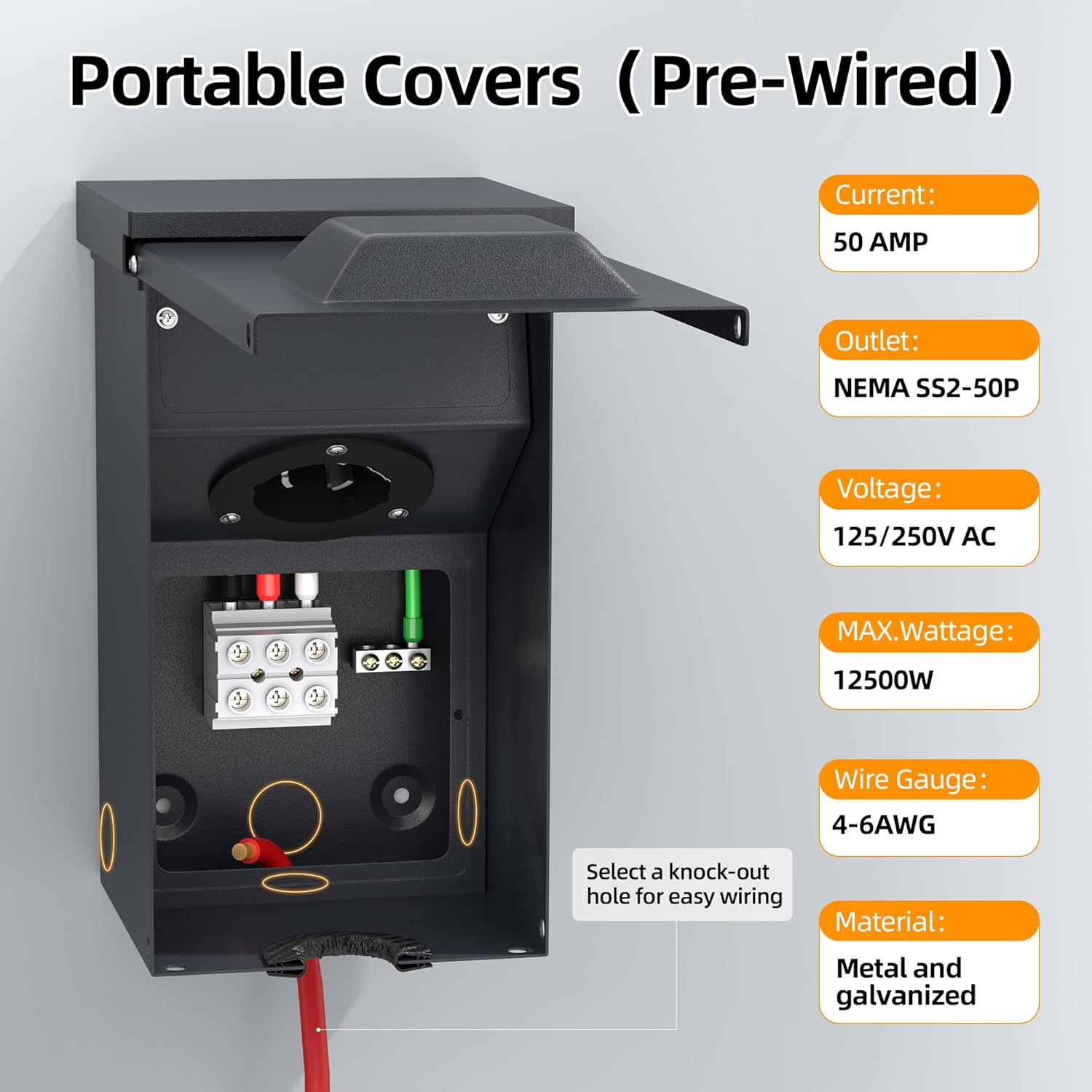 Joinfworld 50 Amp Generator Inlet Box, NEMA SS2-50P 125/250V 12500W Weatherproof Outdoor Receptacle, Emergency-Ready Industrial Grade