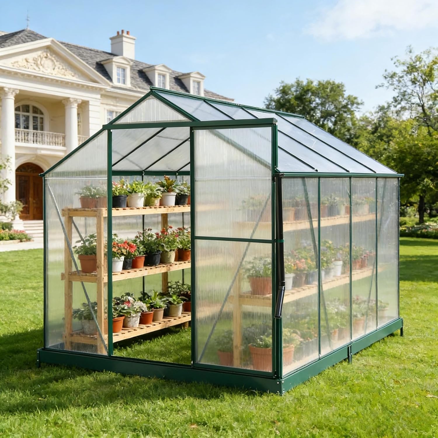 6x8 FT Greenhouse, Walk-in Polycarbonate Greenhouse, Heavy Duty Aluminum Outdoor Green House Kit with Sliding Door, Roof Vent, Rain Gutter for Backyard Garden All Season Growing, Green