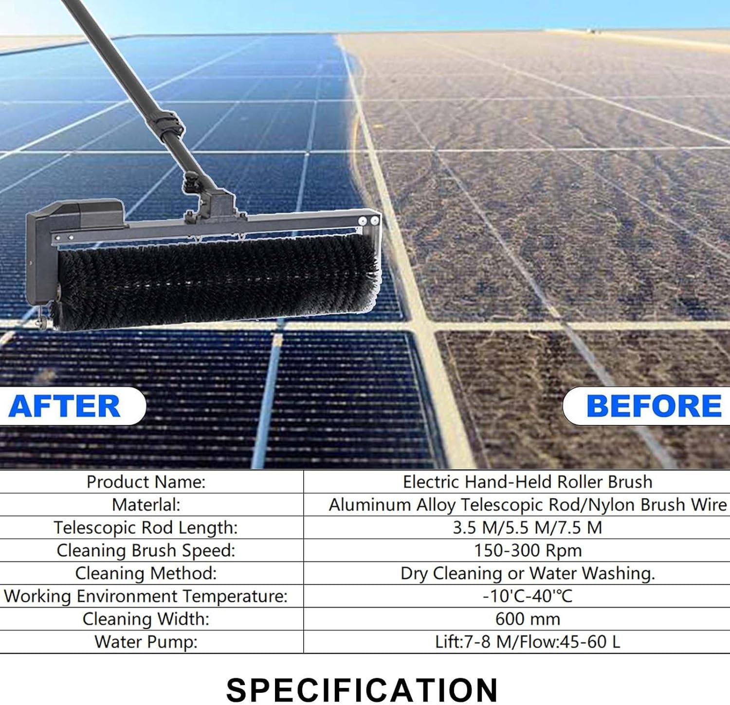 Electric Solar Pv Panel Cleaning Machine,Aluminum Pole Adjustable Lenght,Hand-held Store Signs Washing Roller Brush,60 cm Cleaning Diameter,Wired-3.5m/11.4ft