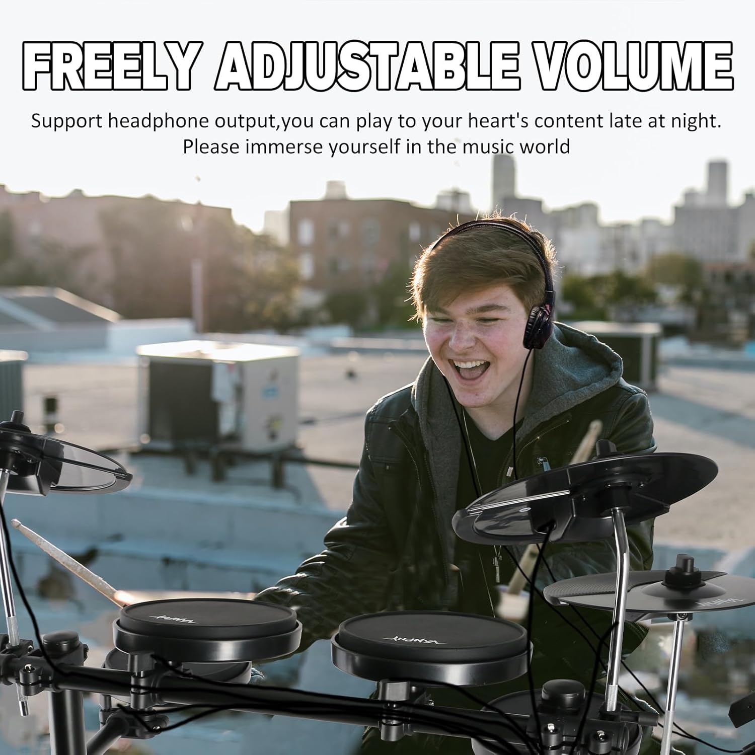 Electric Drum Set Electronic Drum Set for Beginner Electric Drums with Quiet Silicone Pads 20 Drum Set 350 Sounds 2 Pedals Bluetooth Sticks Drum Stool Headphone 6.35mm Audio Cable（Black）