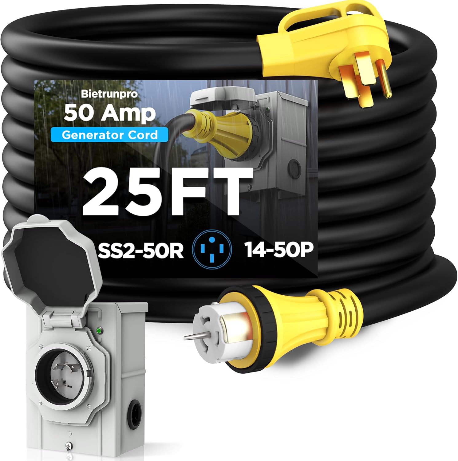 25FT 50 Amp Generator Cord with Twist Lock and Pre-Drilled Power Inlet Box, Heavy Duty NEMA 14-50P to SS2-50R Extension Cord with Inlet Box, 125/250V, 12500W, ETL Listed, for Generator to RV, House
