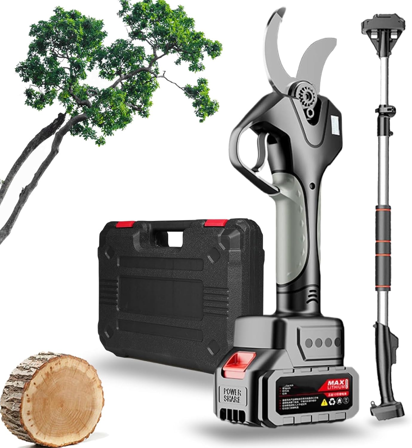 Cordless Electric Pruning Shears with 2.1m Extension Pole - Professional Battery-Powered Garden Scissors for Orchards, Max Cutting Diameter 78mm, Includes 2 Batteries