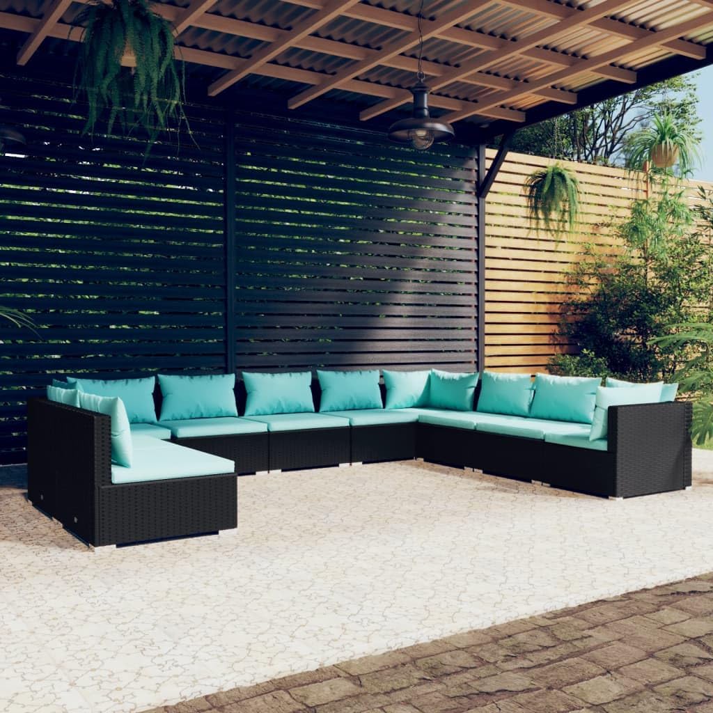 Garden Lounge Set, Black PE Rattan Outdoor Patio Furniture, Powder-Coated Steel Frame, 10-Piece Modular Sofa with Blue Cushions, Weather-Resistant for Deck, Balcony